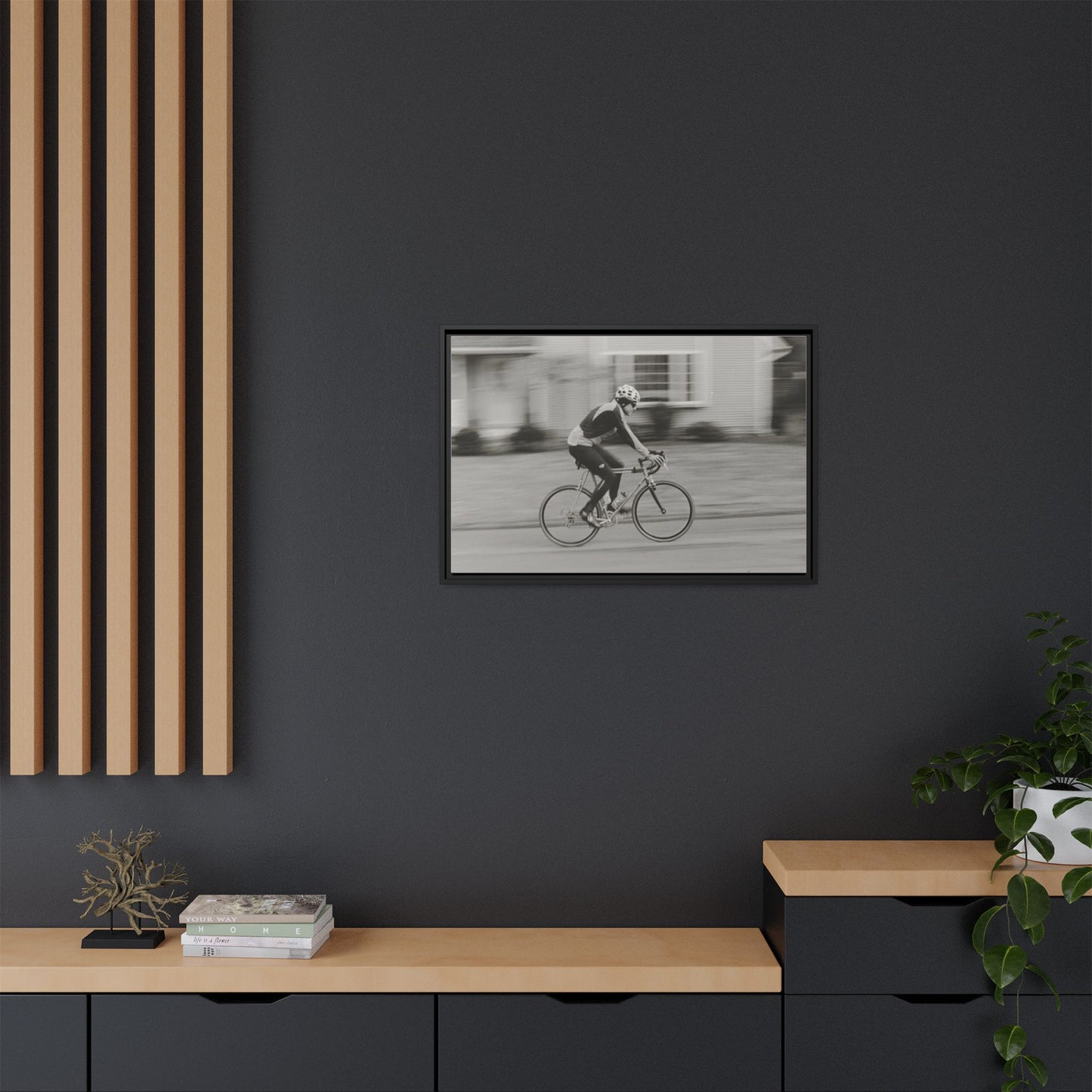 Framed Matte Canvas Print - Vintage Cyclist Black & White Wall Art