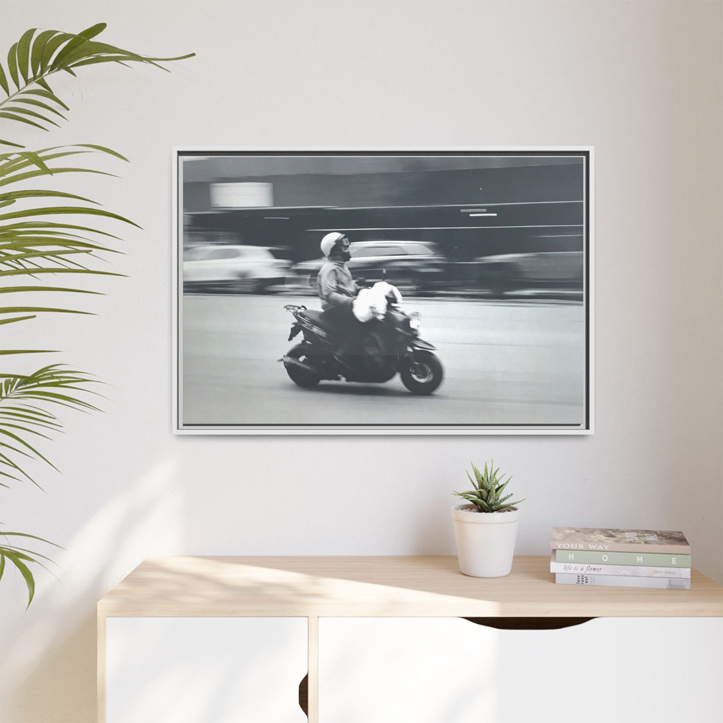 Framed Matte Canvas Print — Vintage Motion Scooter Street Photography