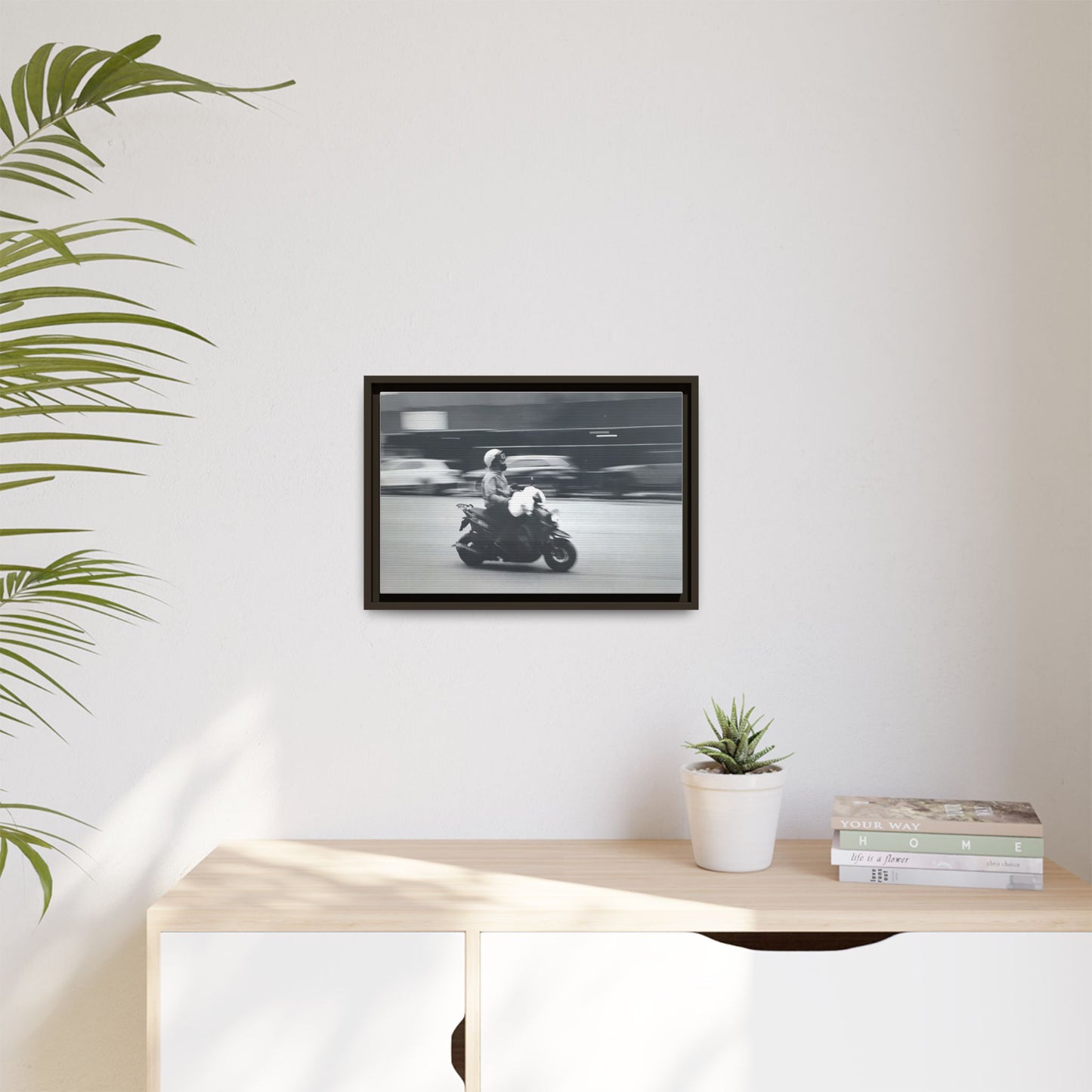 Framed Matte Canvas Print — Vintage Motion Scooter Street Photography