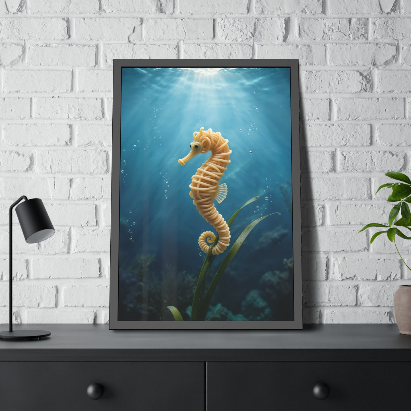 Spaghetti Seahorse Illustration Framed Poster | Ocean Underwater Art Print