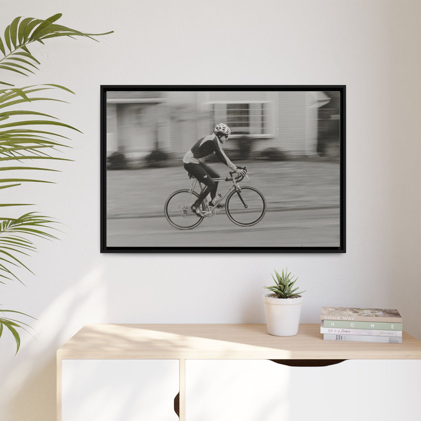 Framed Matte Canvas Print - Vintage Cyclist Black & White Wall Art