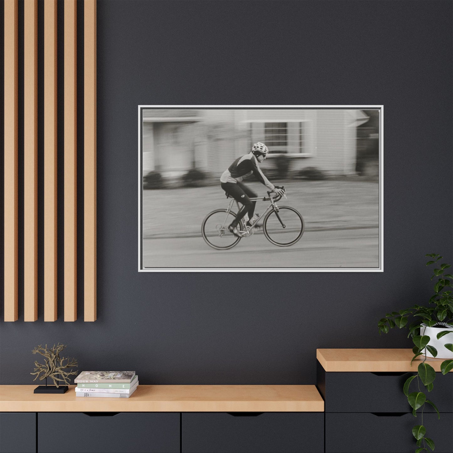 Framed Matte Canvas Print - Vintage Cyclist Black & White Wall Art