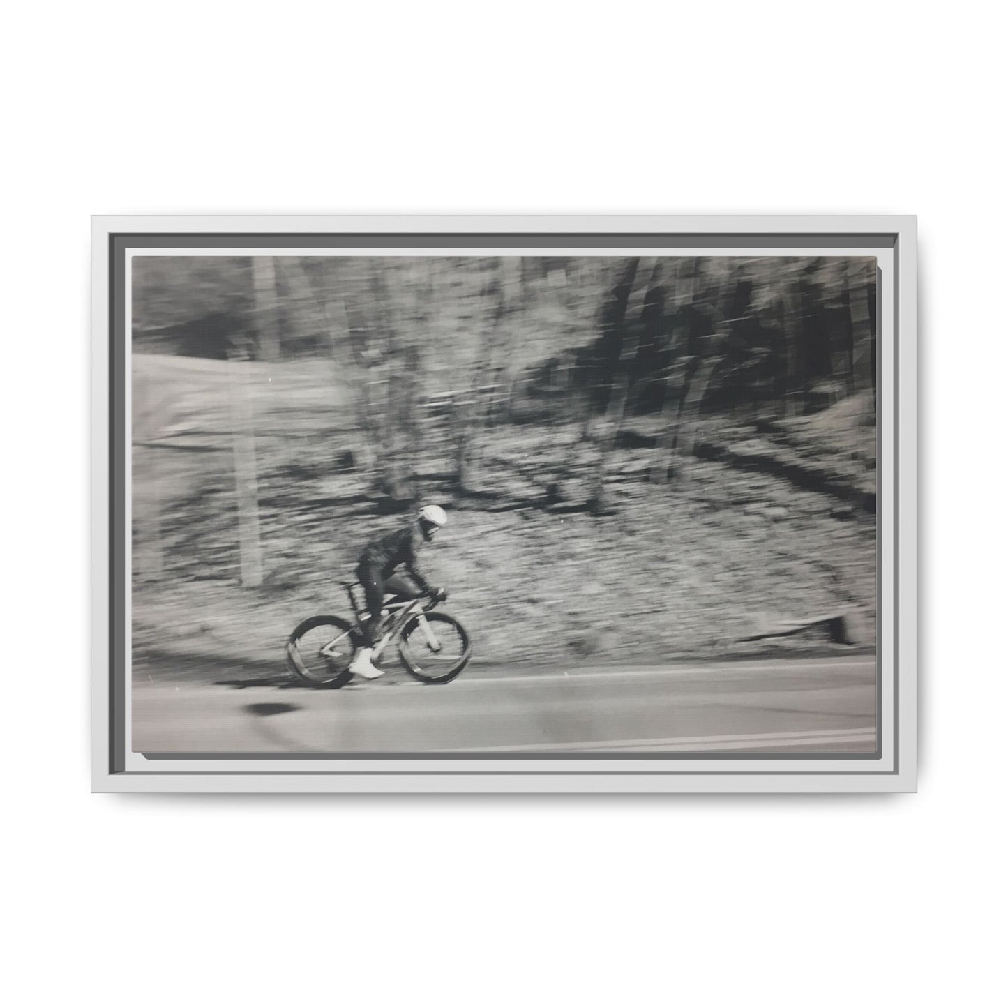Framed Matte Canvas Print — Vintage Cyclist Black & White Photo
