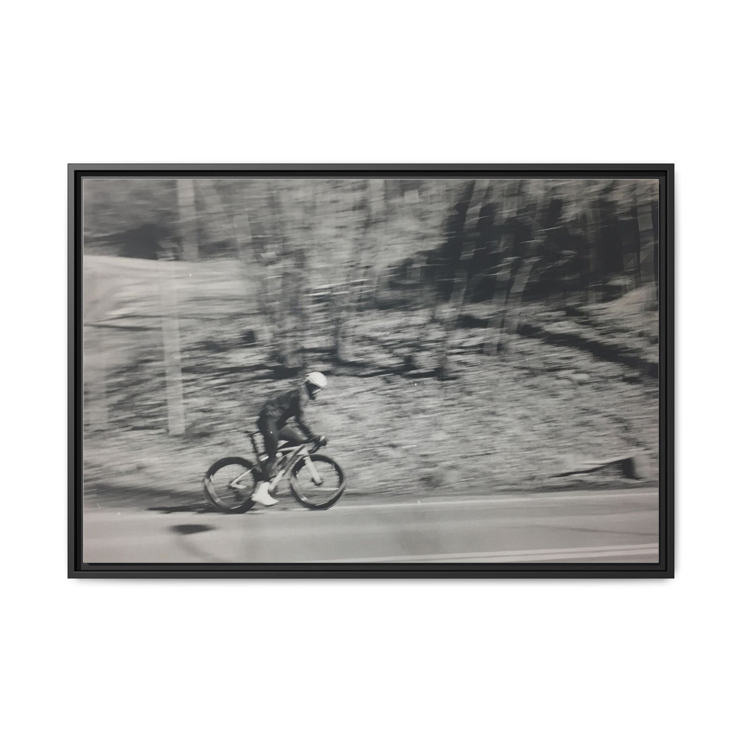 Framed Matte Canvas Print — Vintage Cyclist Black & White Photo