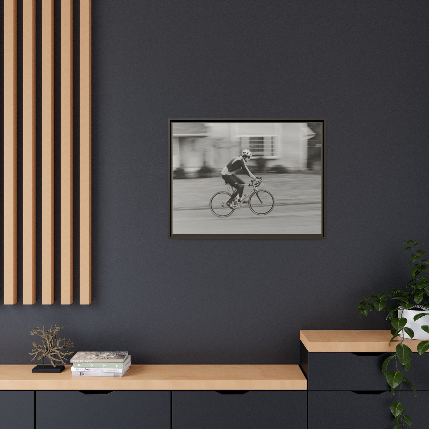 Framed Matte Canvas Print - Vintage Cyclist Black & White Wall Art