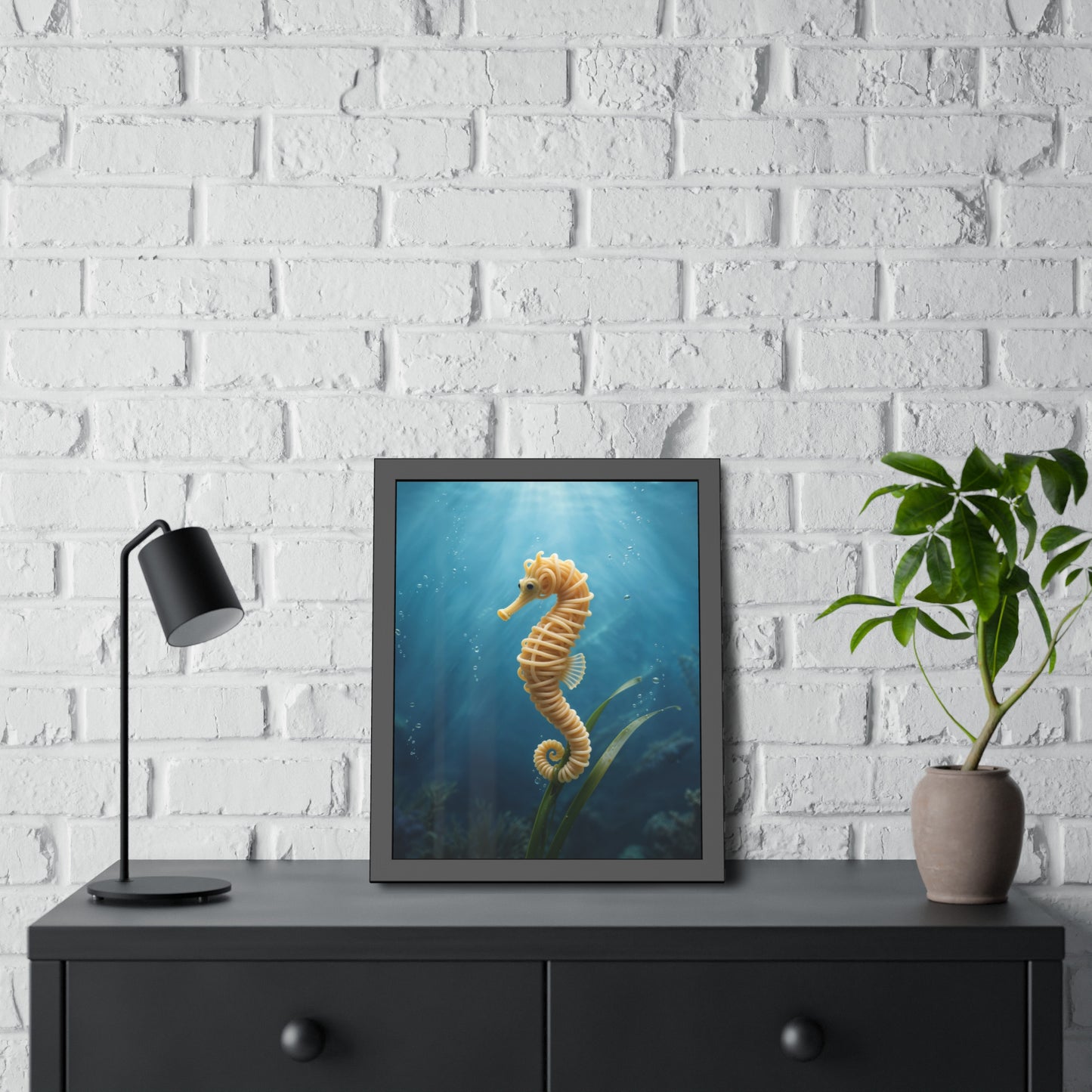 Spaghetti Seahorse Illustration Framed Poster | Ocean Underwater Art Print