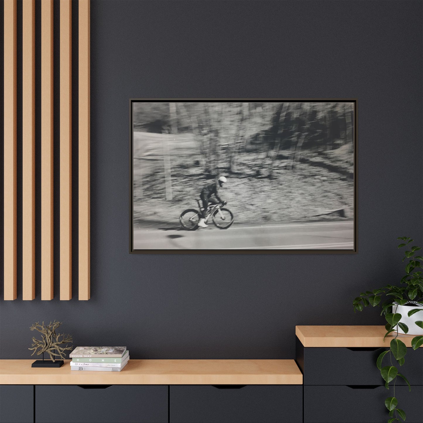 Framed Matte Canvas Print — Vintage Cyclist Black & White Photo
