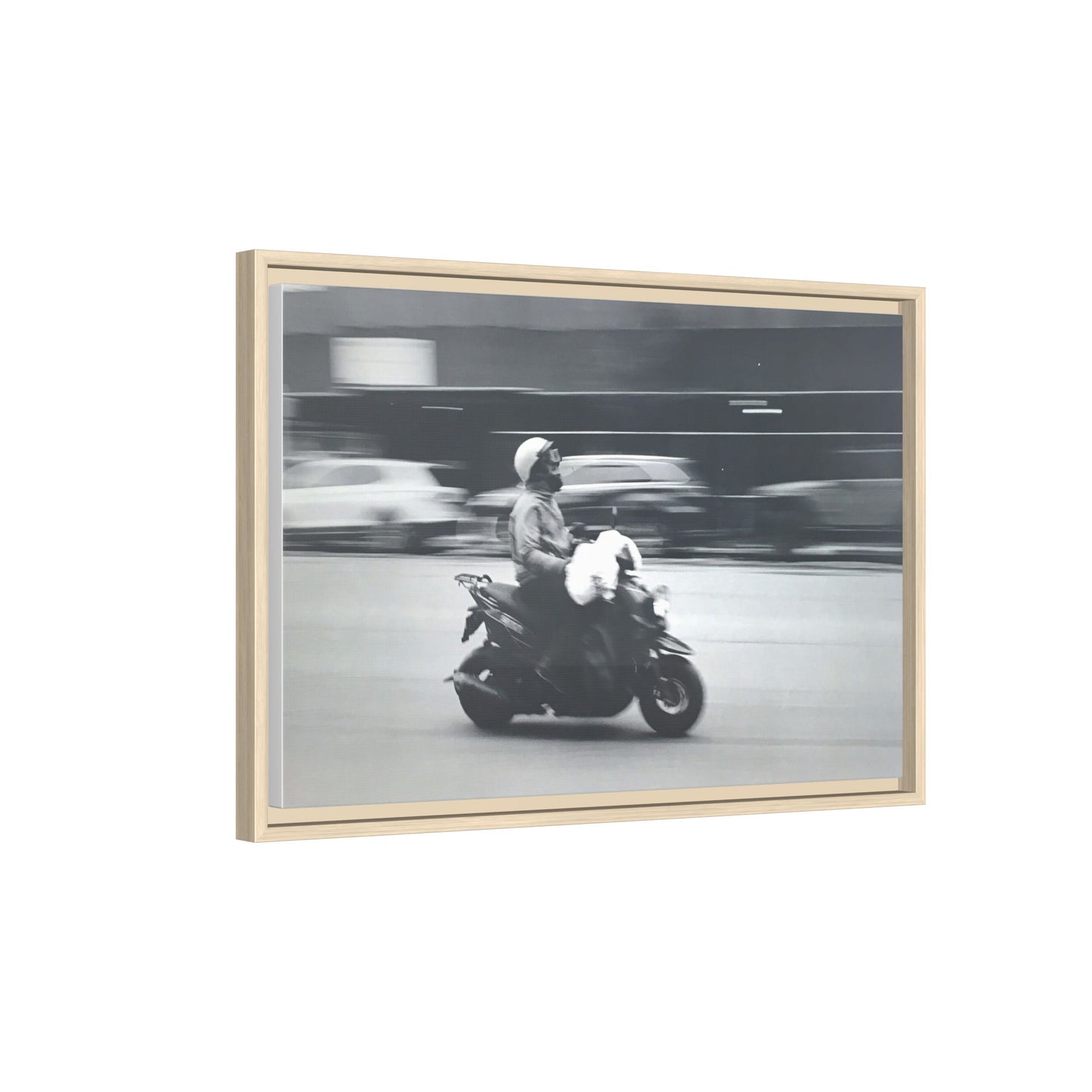 Framed Matte Canvas Print — Vintage Motion Scooter Street Photography
