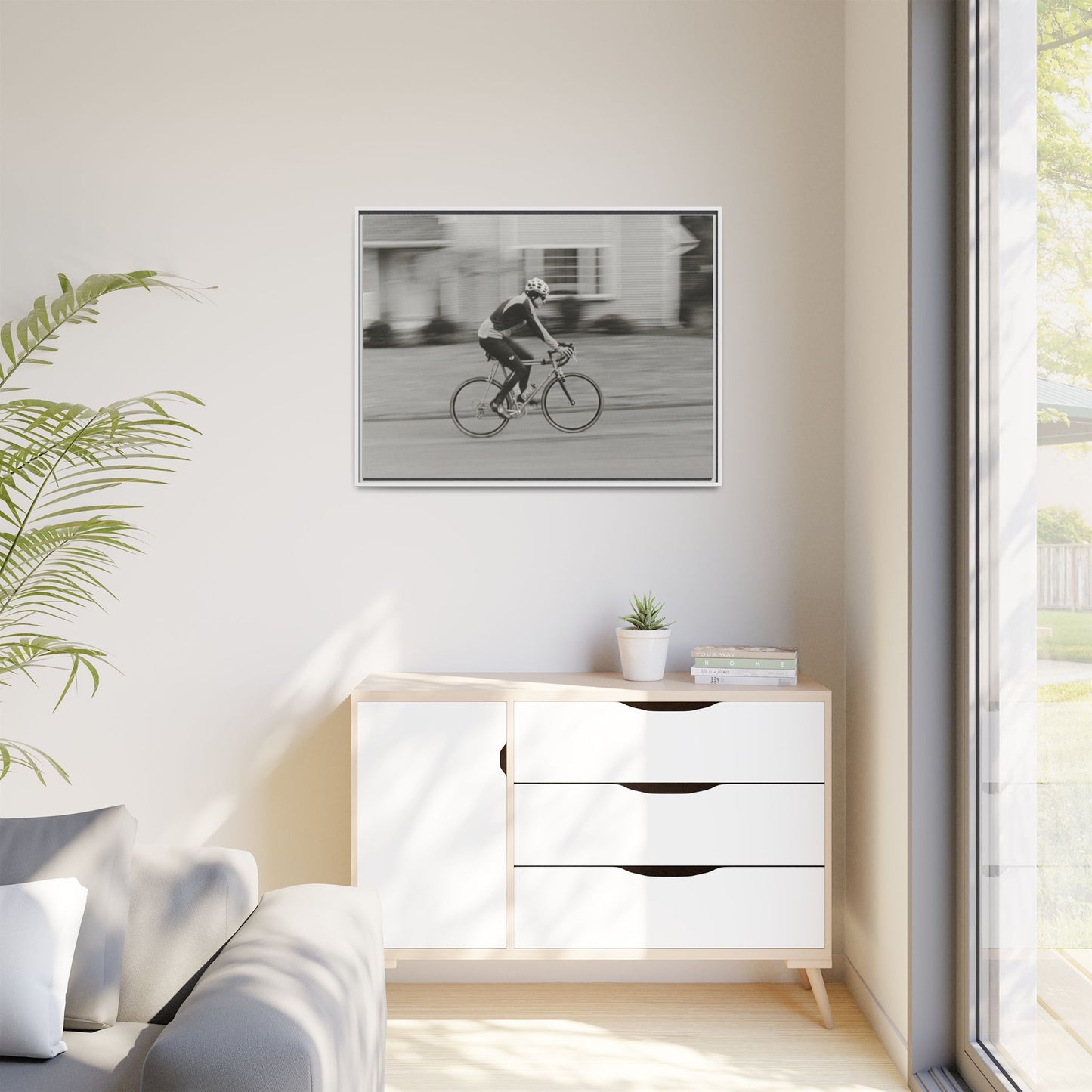 Framed Matte Canvas Print - Vintage Cyclist Black & White Wall Art