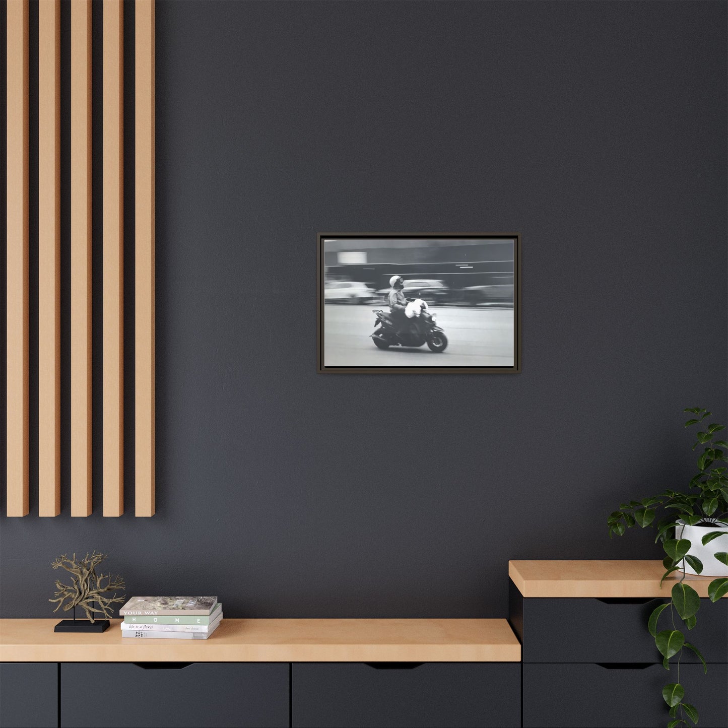Framed Matte Canvas Print — Vintage Motion Scooter Street Photography