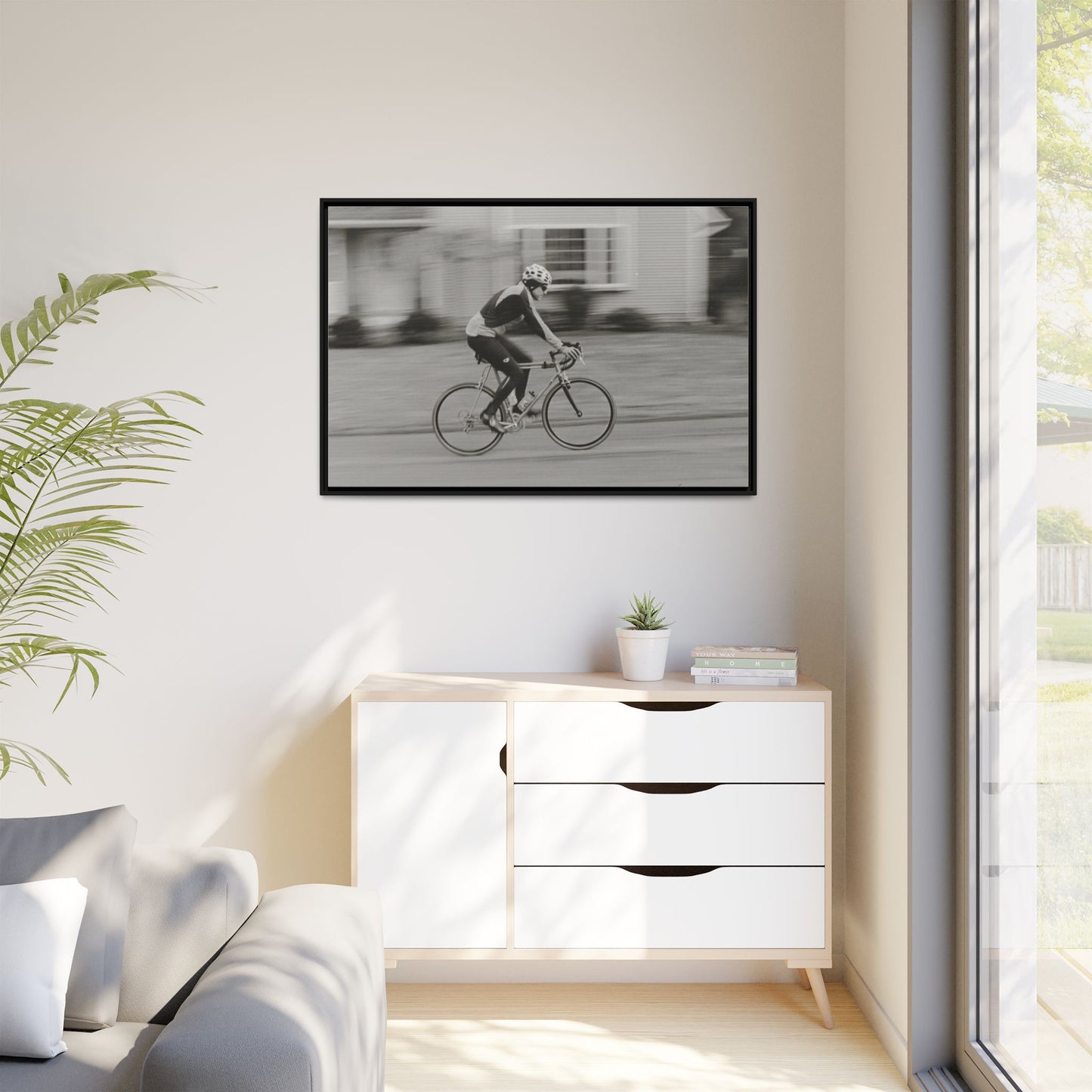 Framed Matte Canvas Print - Vintage Cyclist Black & White Wall Art
