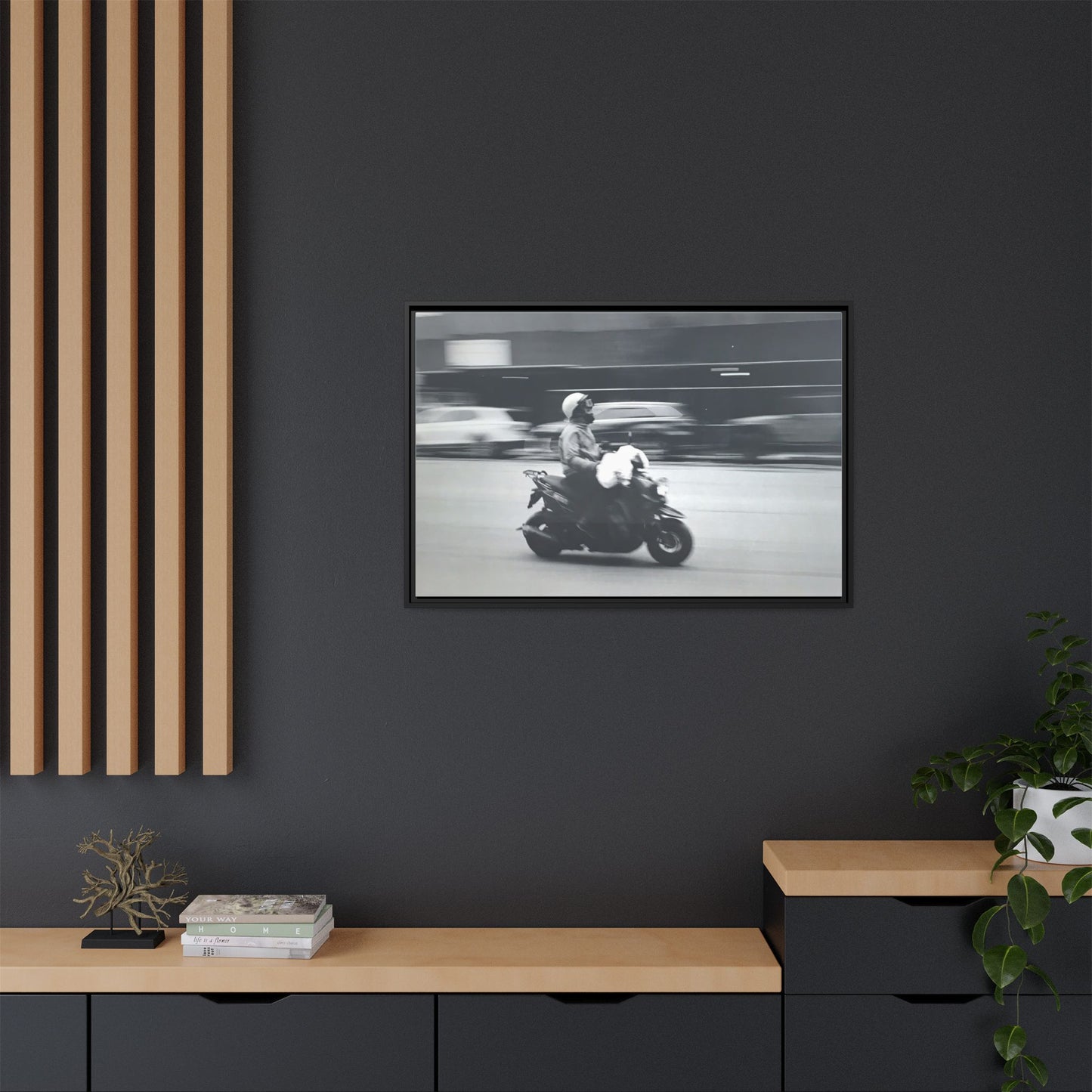 Framed Matte Canvas Print — Vintage Motion Scooter Street Photography