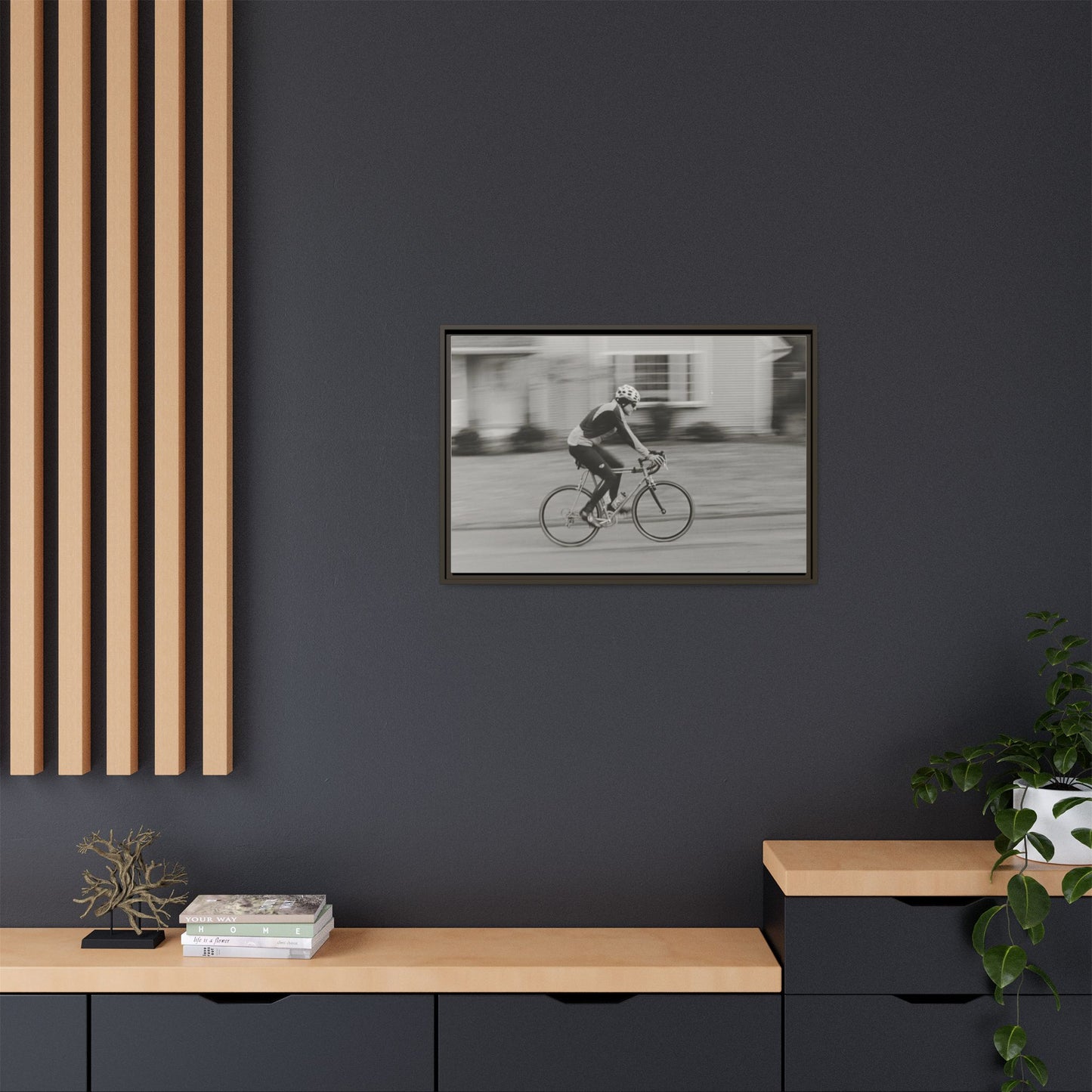 Framed Matte Canvas Print - Vintage Cyclist Black & White Wall Art