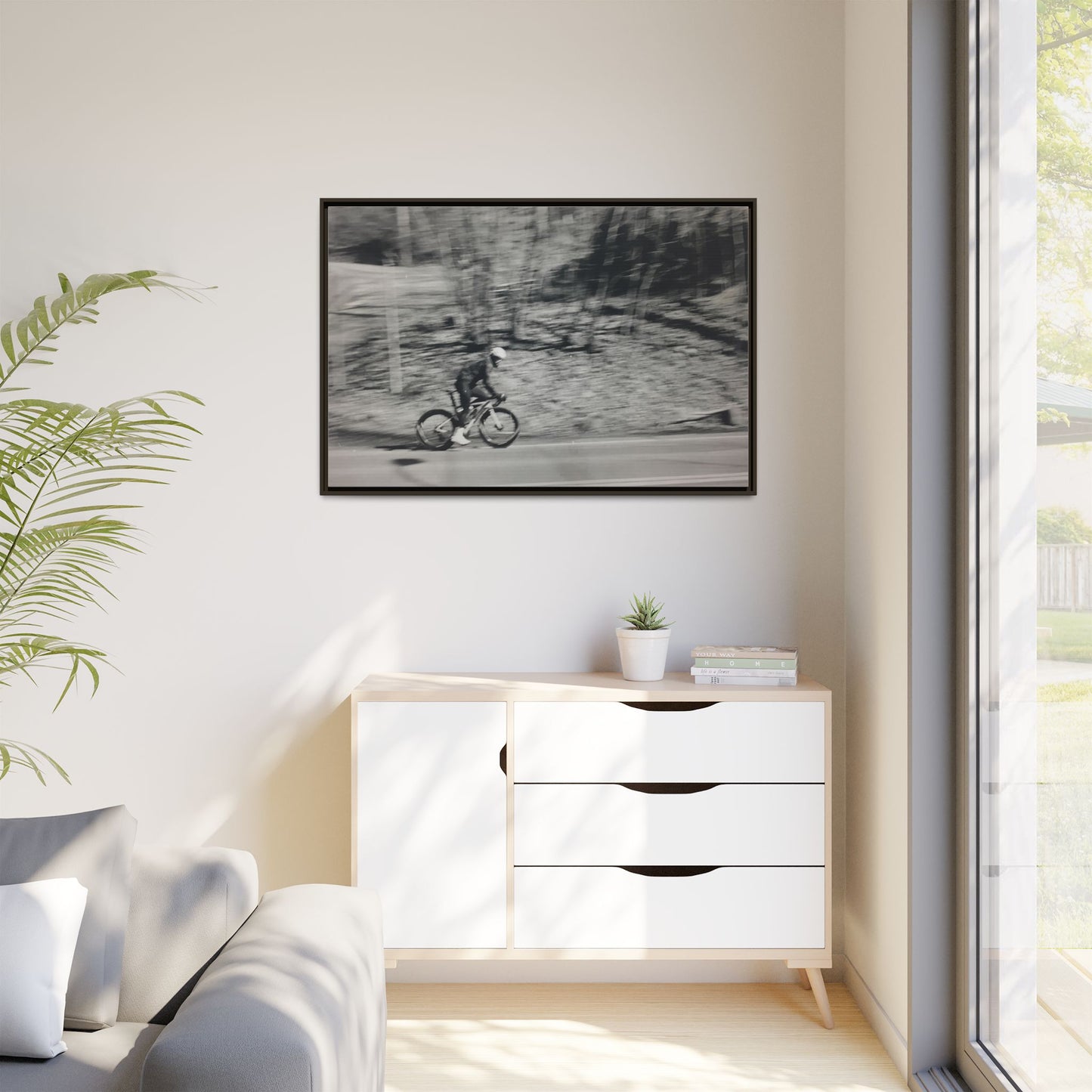 Framed Matte Canvas Print — Vintage Cyclist Black & White Photo