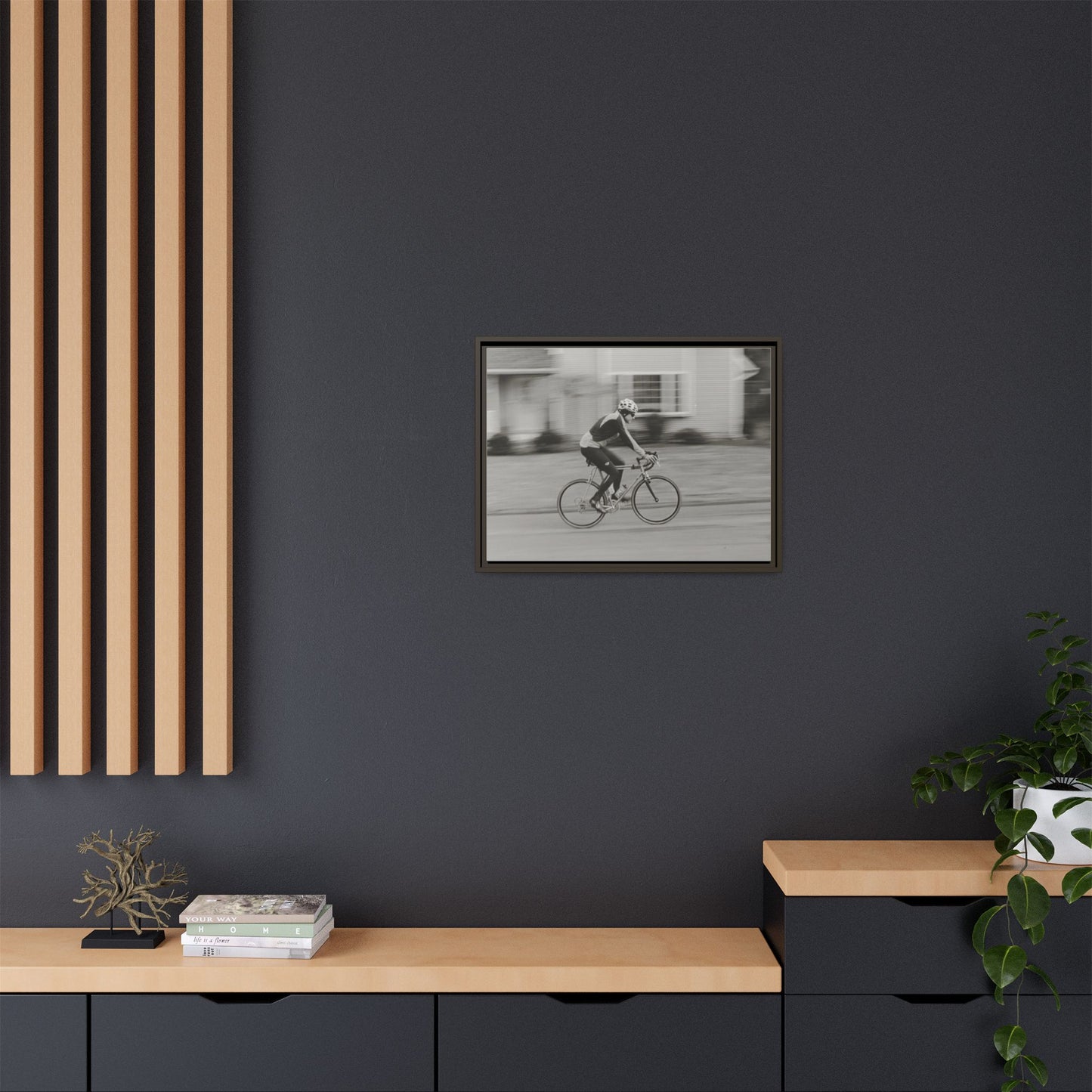 Framed Matte Canvas Print - Vintage Cyclist Black & White Wall Art
