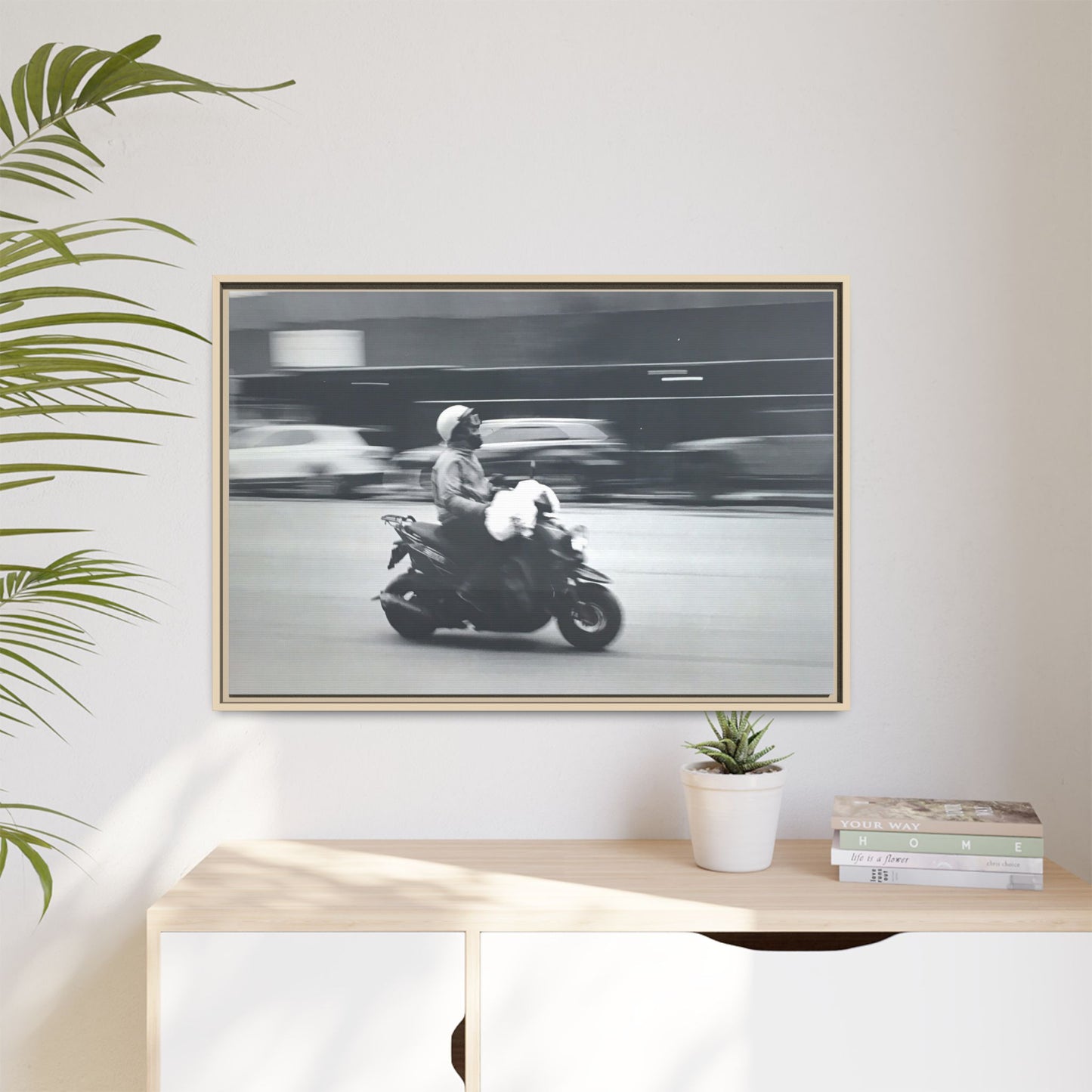 Framed Matte Canvas Print — Vintage Motion Scooter Street Photography