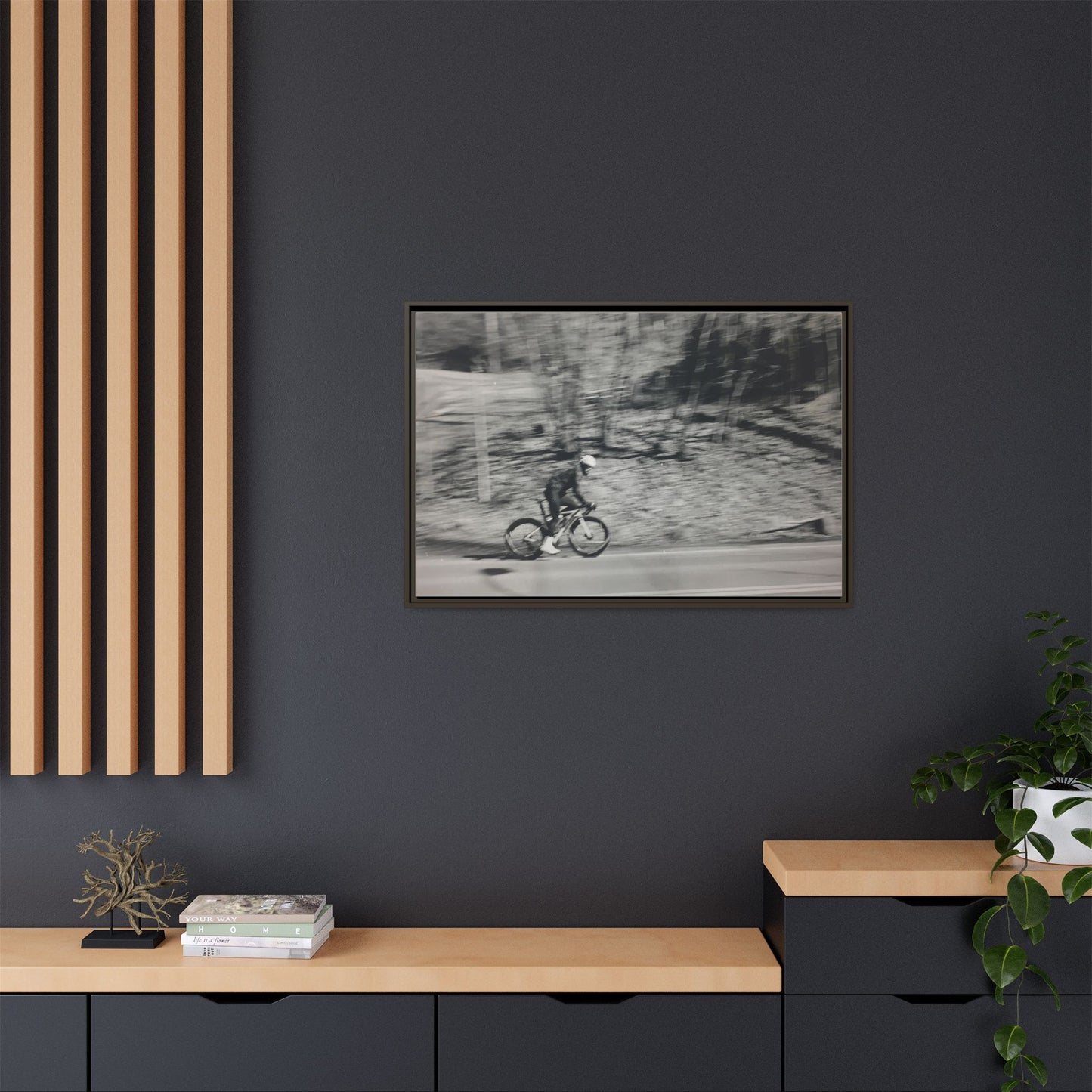 Framed Matte Canvas Print — Vintage Cyclist Black & White Photo