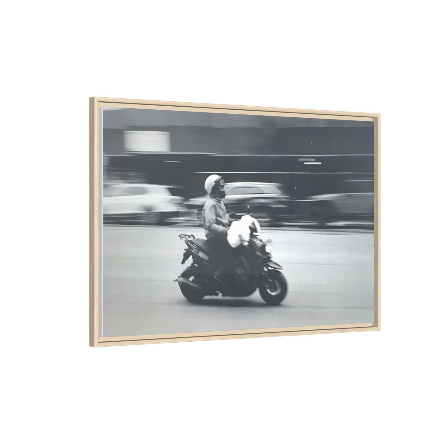 Framed Matte Canvas Print — Vintage Motion Scooter Street Photography