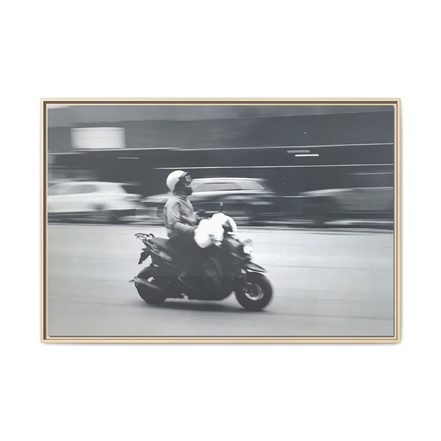 Framed Matte Canvas Print — Vintage Motion Scooter Street Photography