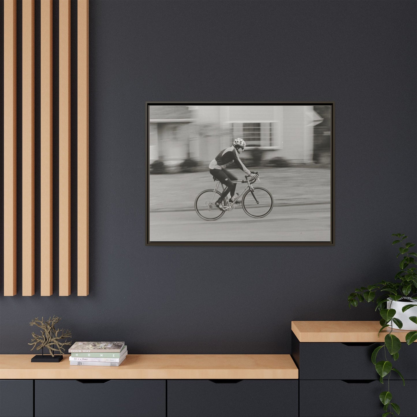 Framed Matte Canvas Print - Vintage Cyclist Black & White Wall Art