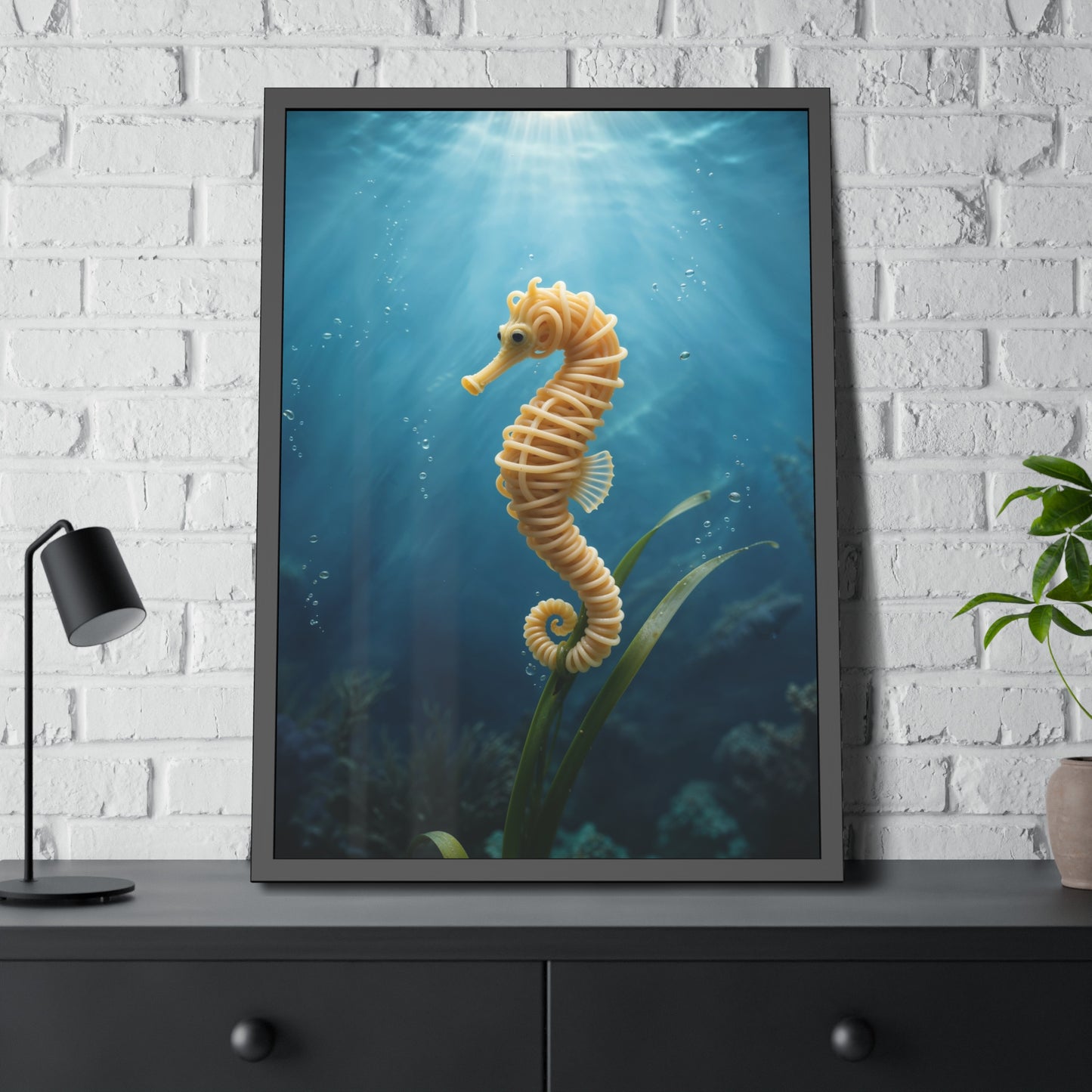 Spaghetti Seahorse Illustration Framed Poster | Ocean Underwater Art Print
