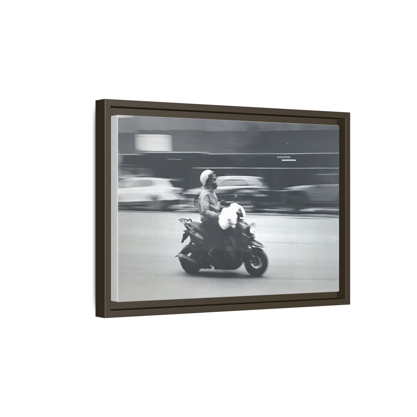 Framed Matte Canvas Print — Vintage Motion Scooter Street Photography