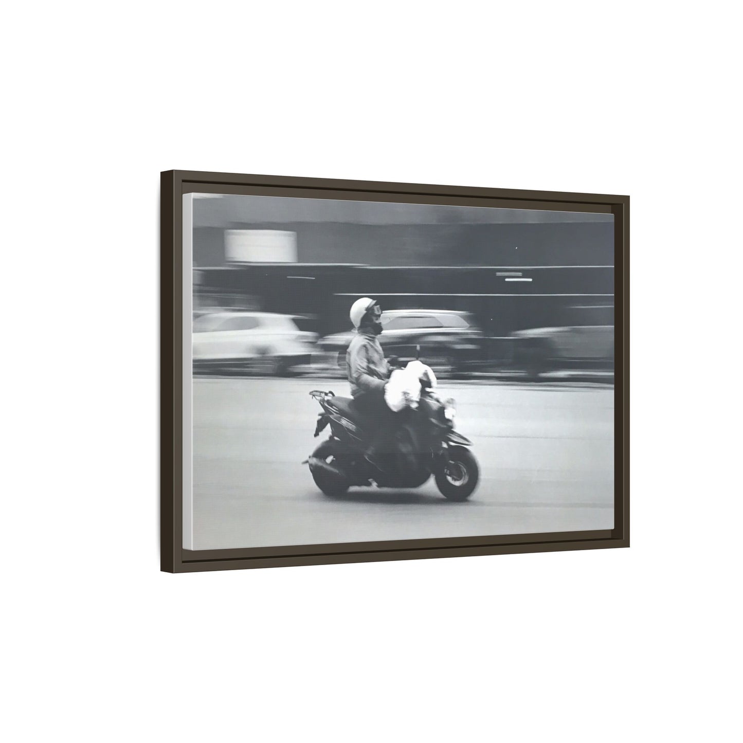 Framed Matte Canvas Print — Vintage Motion Scooter Street Photography