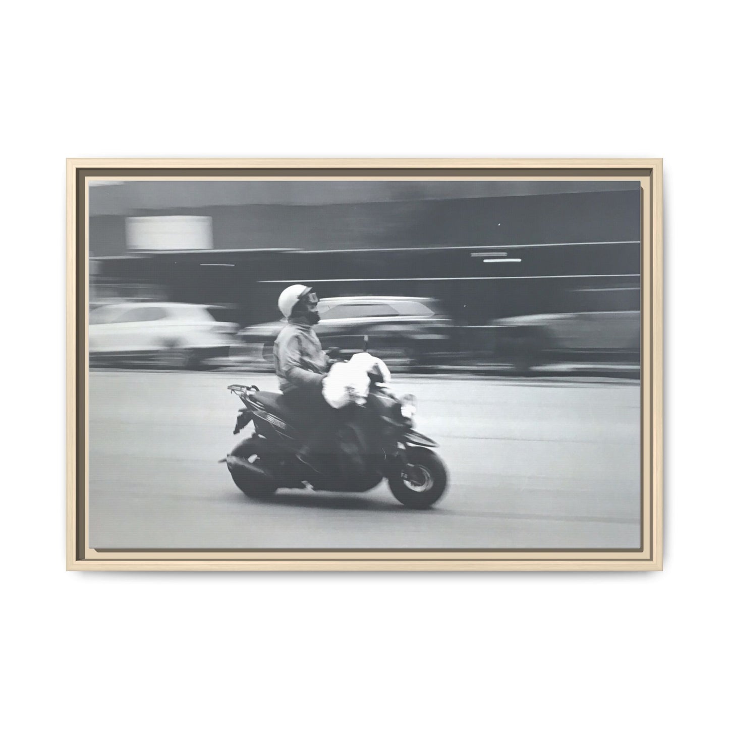 Framed Matte Canvas Print — Vintage Motion Scooter Street Photography