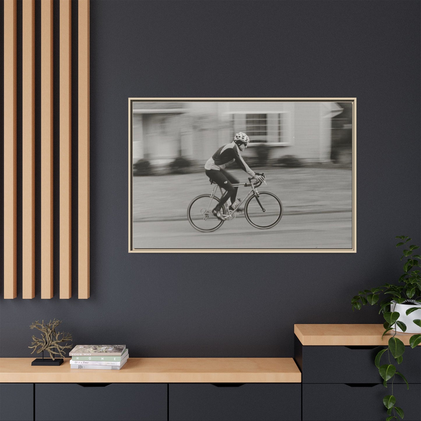 Framed Matte Canvas Print - Vintage Cyclist Black & White Wall Art