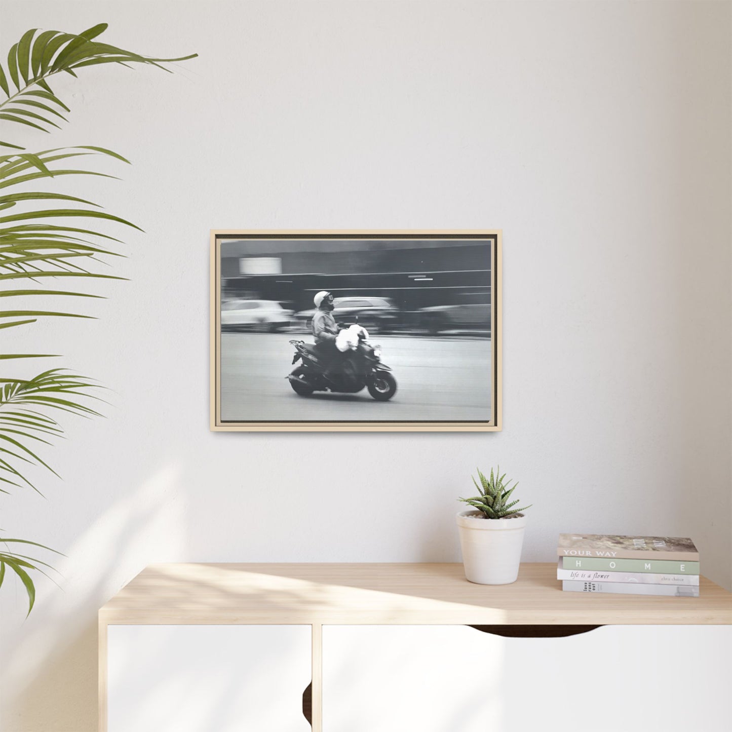 Framed Matte Canvas Print — Vintage Motion Scooter Street Photography