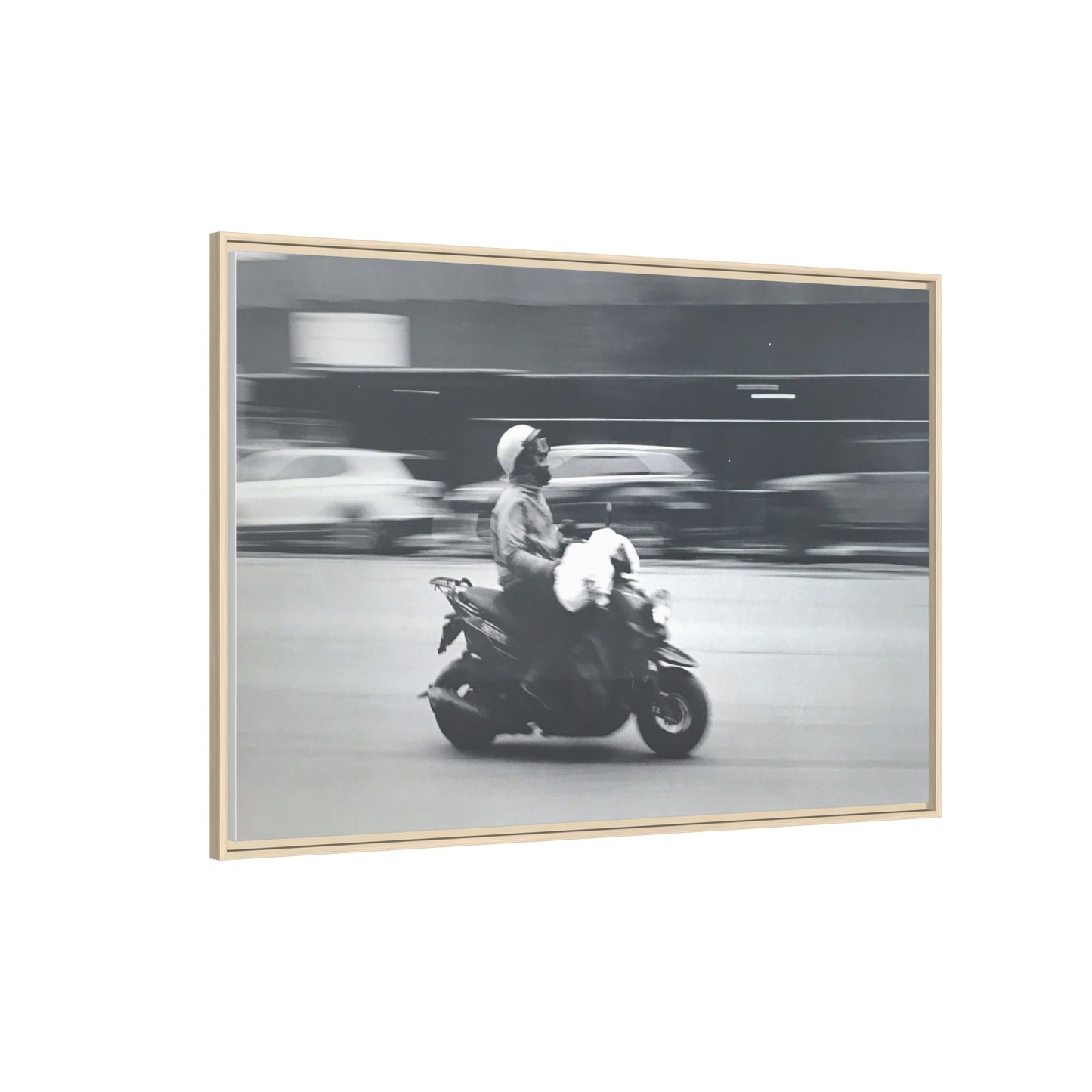 Framed Matte Canvas Print — Vintage Motion Scooter Street Photography