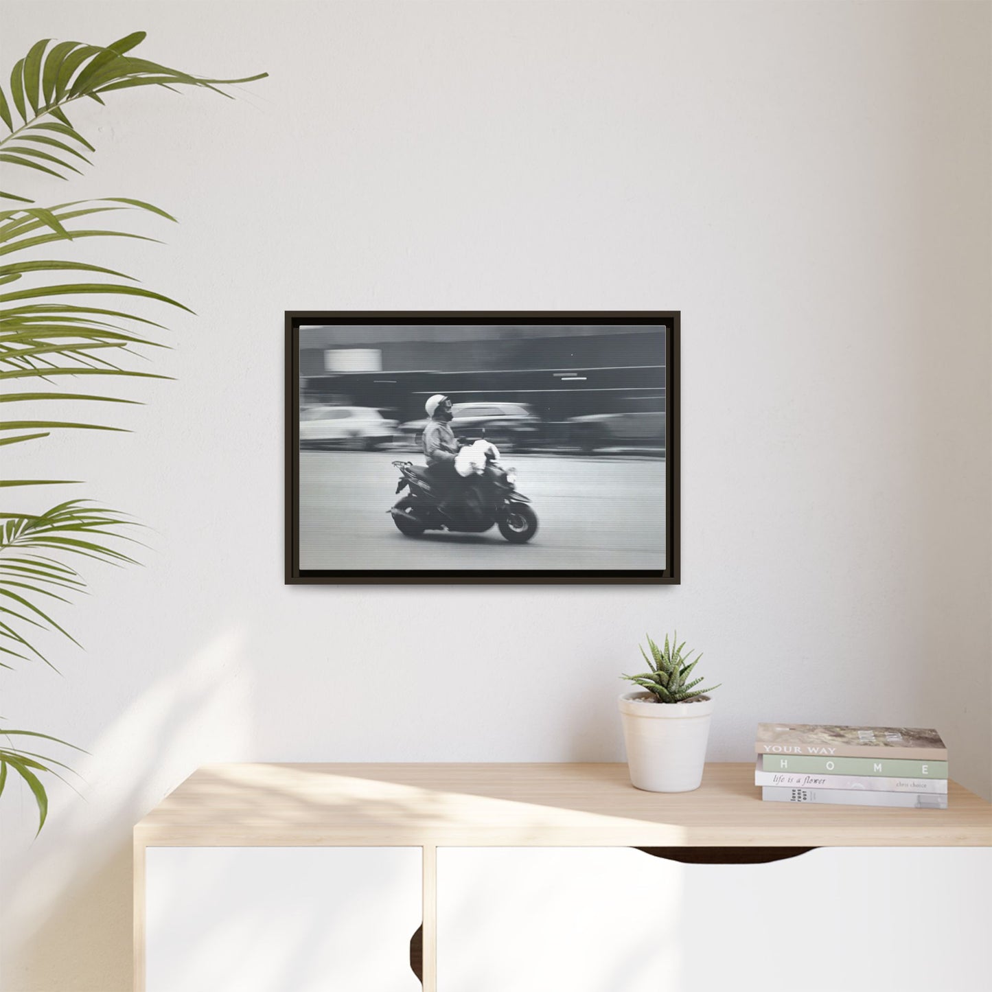 Framed Matte Canvas Print — Vintage Motion Scooter Street Photography