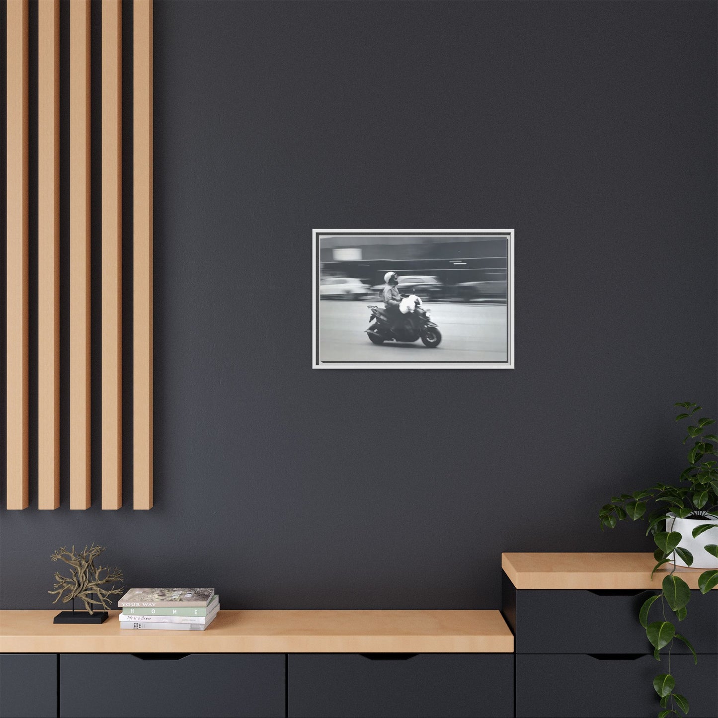 Framed Matte Canvas Print — Vintage Motion Scooter Street Photography