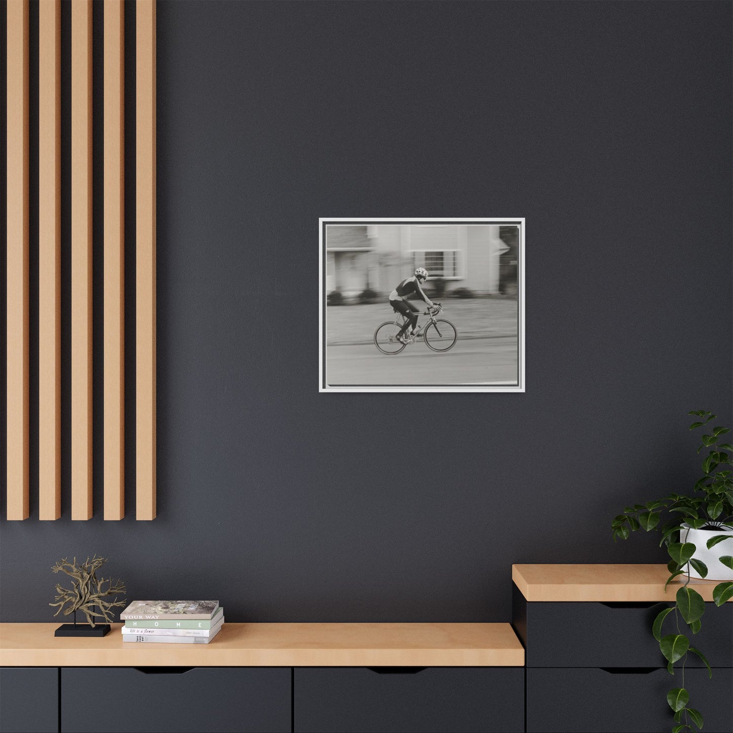 Framed Matte Canvas Print - Vintage Cyclist Black & White Wall Art