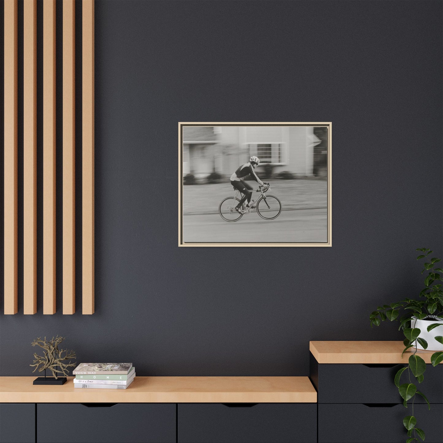 Framed Matte Canvas Print - Vintage Cyclist Black & White Wall Art