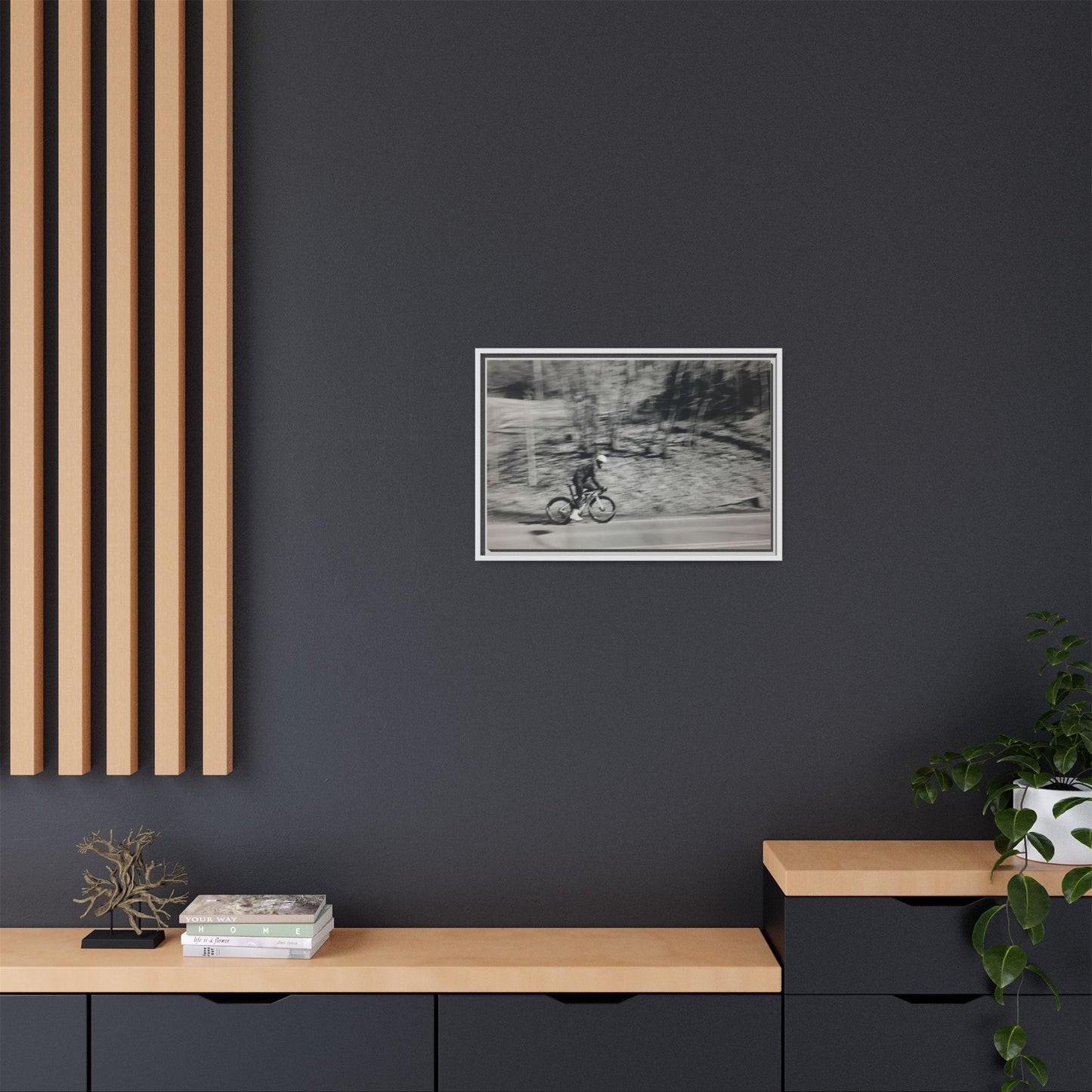 Framed Matte Canvas Print — Vintage Cyclist Black & White Photo