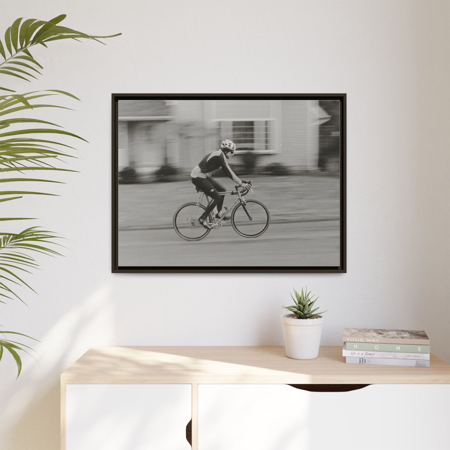 Framed Matte Canvas Print - Vintage Cyclist Black & White Wall Art