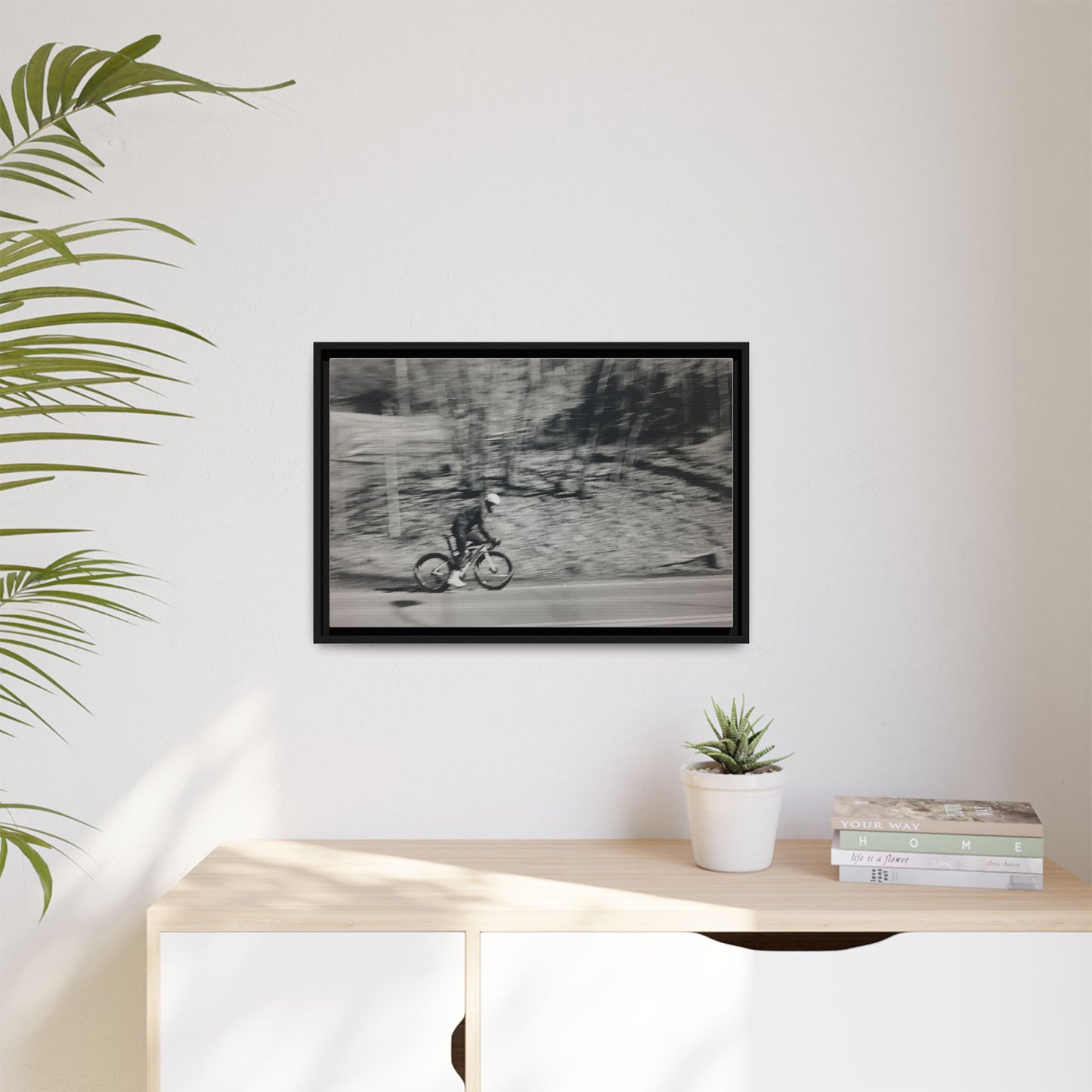Framed Matte Canvas Print — Vintage Cyclist Black & White Photo
