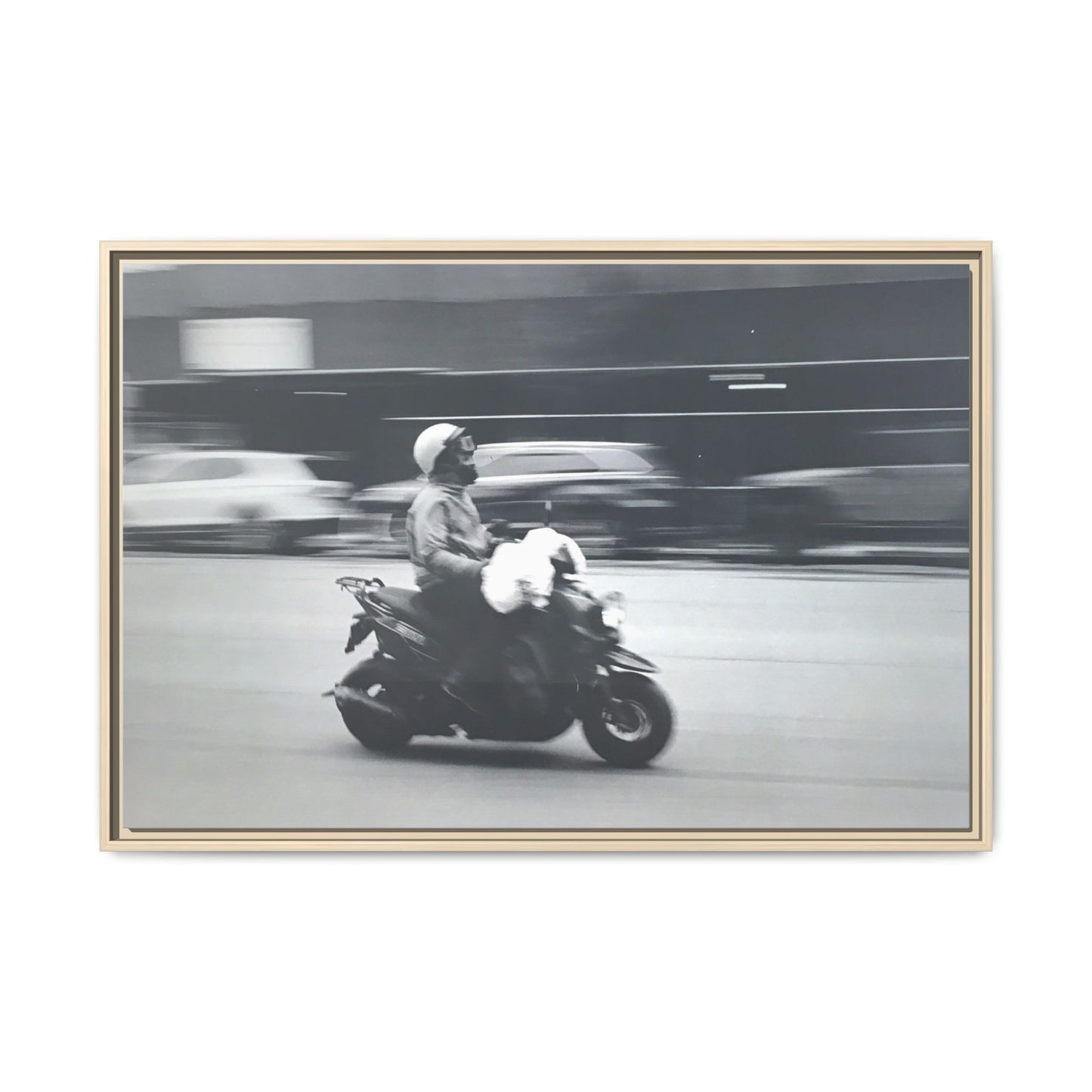 Framed Matte Canvas Print — Vintage Motion Scooter Street Photography