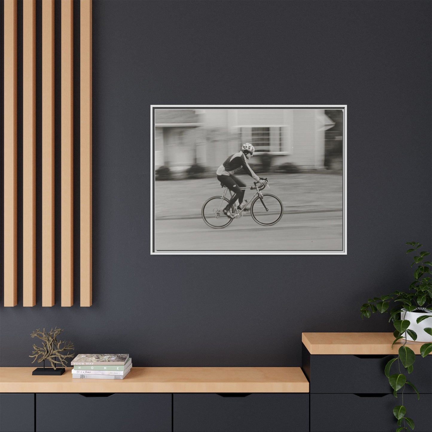 Framed Matte Canvas Print - Vintage Cyclist Black & White Wall Art