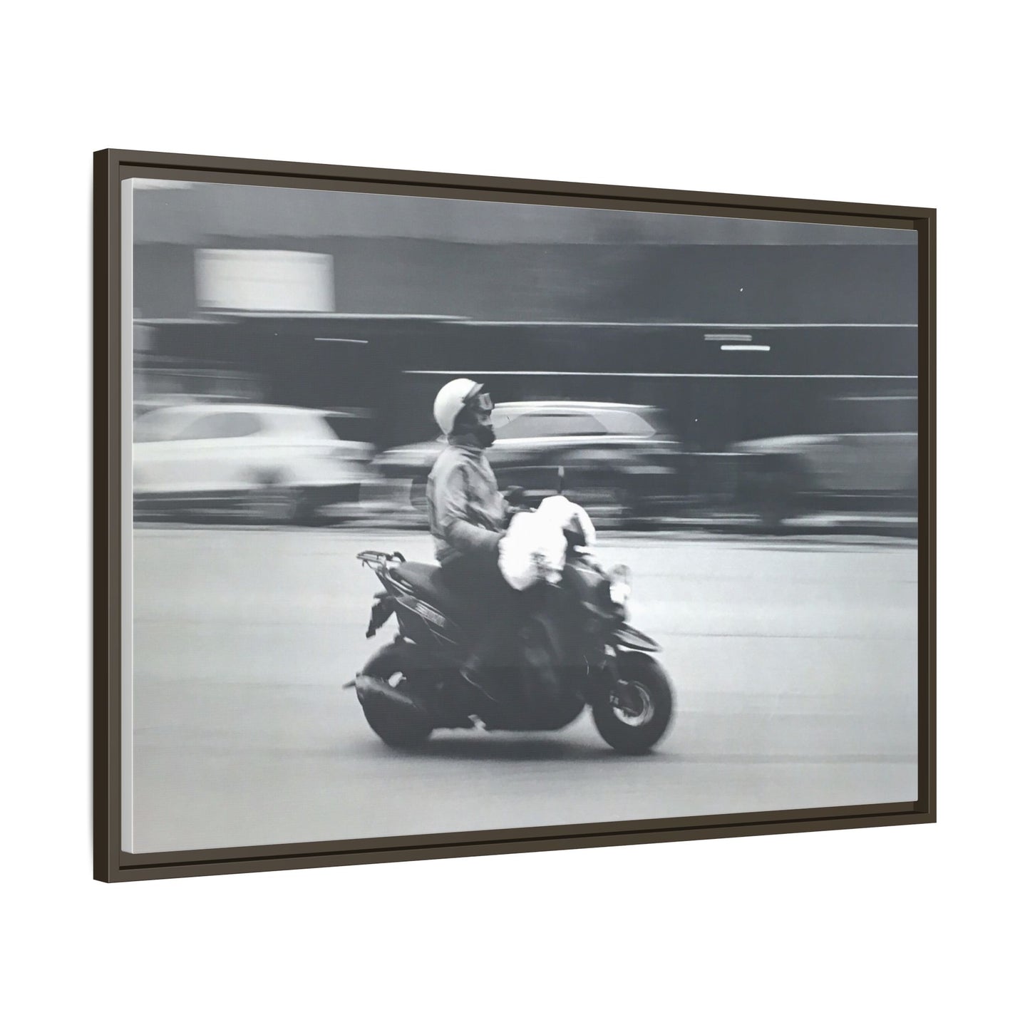 Framed Matte Canvas Print — Vintage Motion Scooter Street Photography
