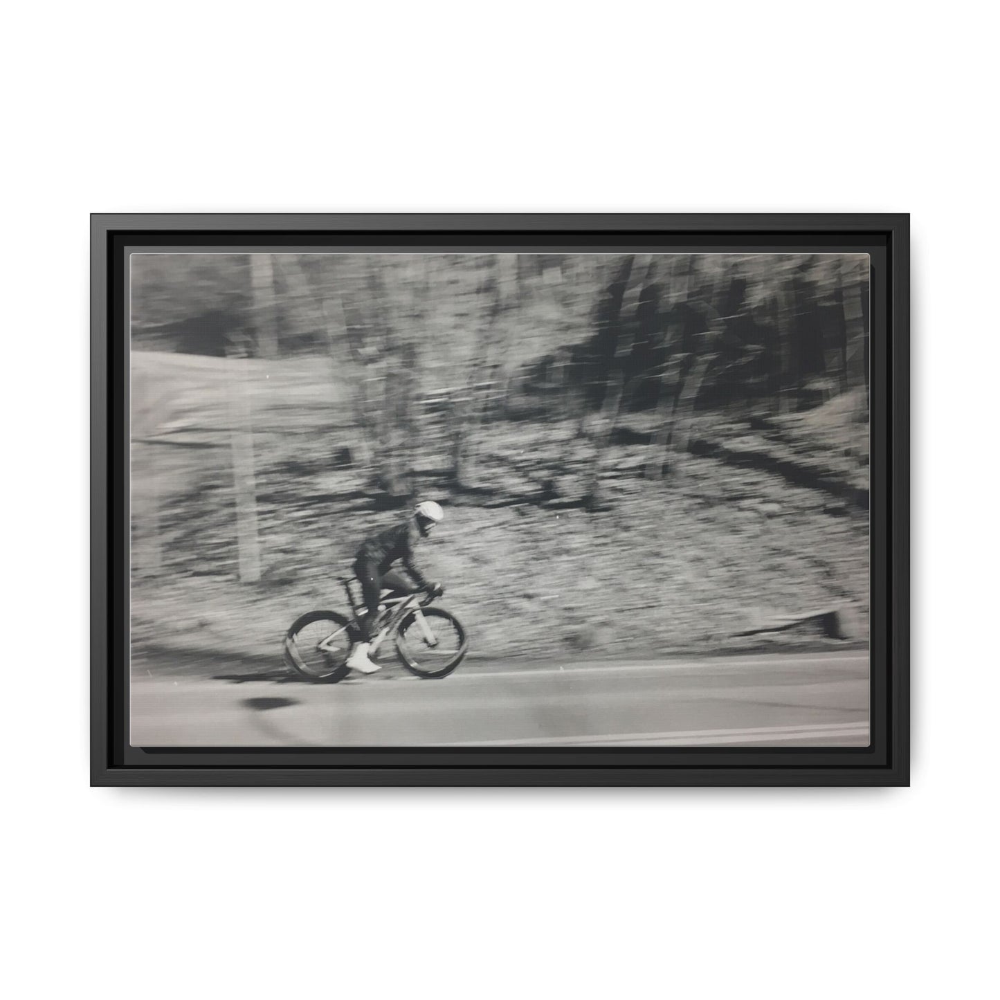 Framed Matte Canvas Print — Vintage Cyclist Black & White Photo