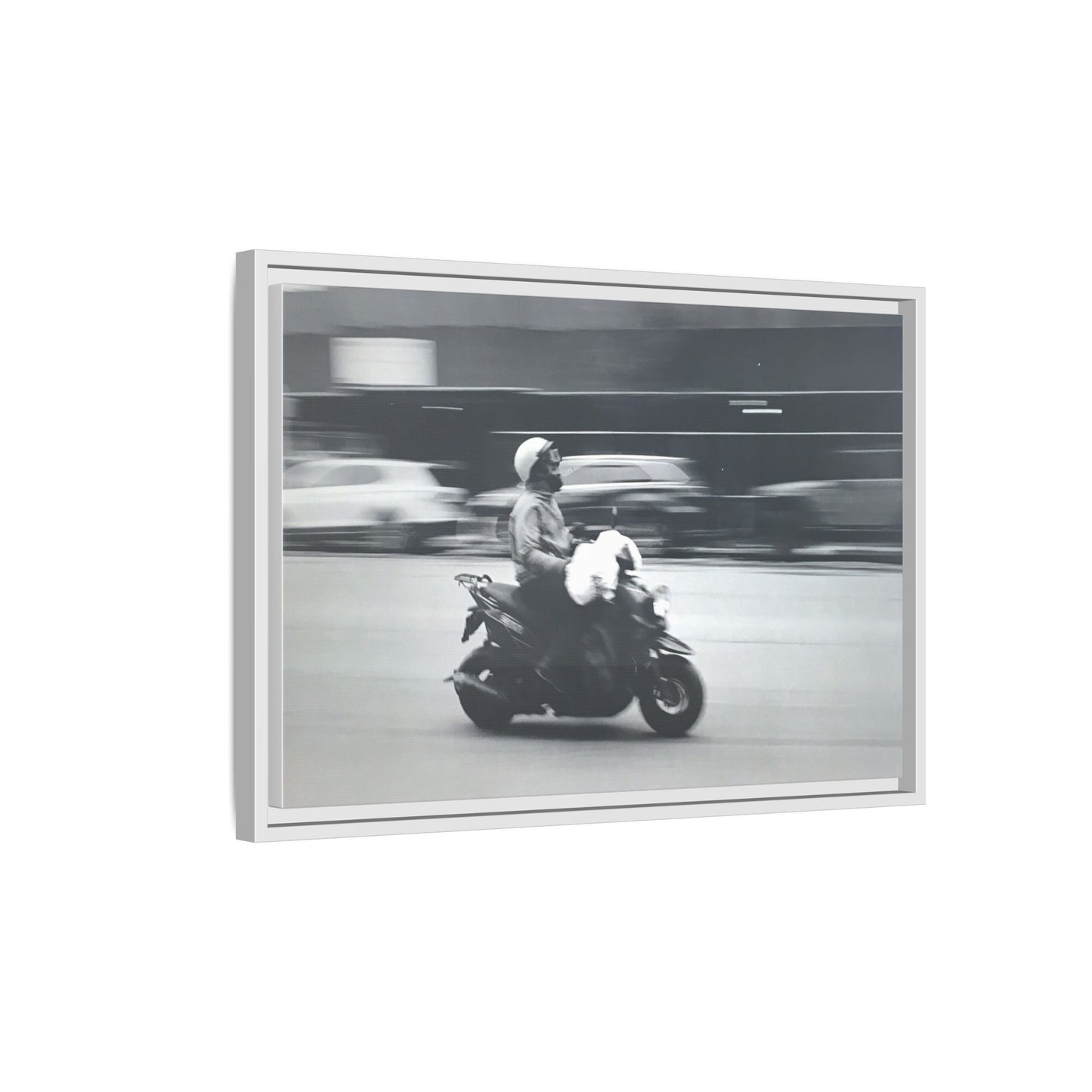 Framed Matte Canvas Print — Vintage Motion Scooter Street Photography