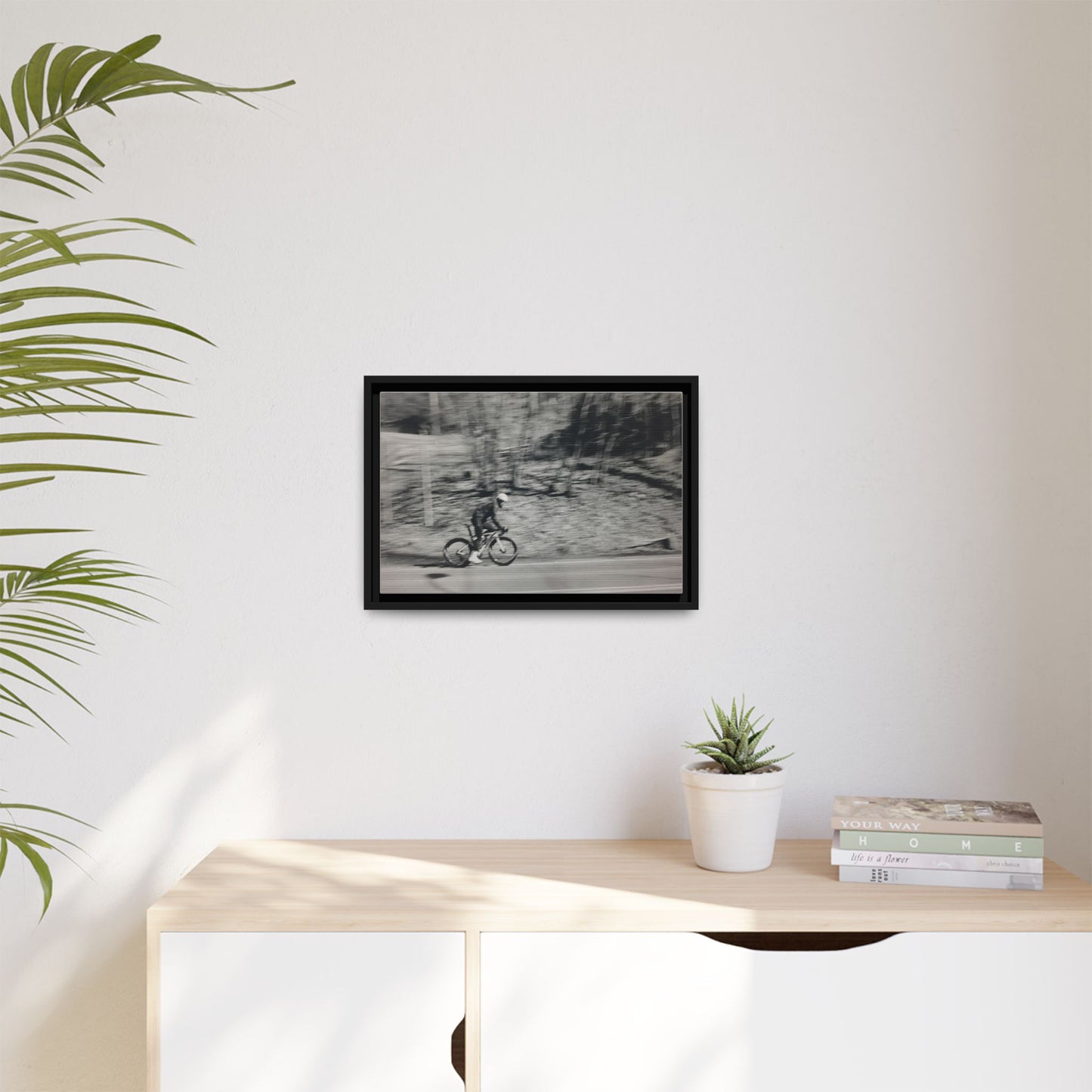 Framed Matte Canvas Print — Vintage Cyclist Black & White Photo