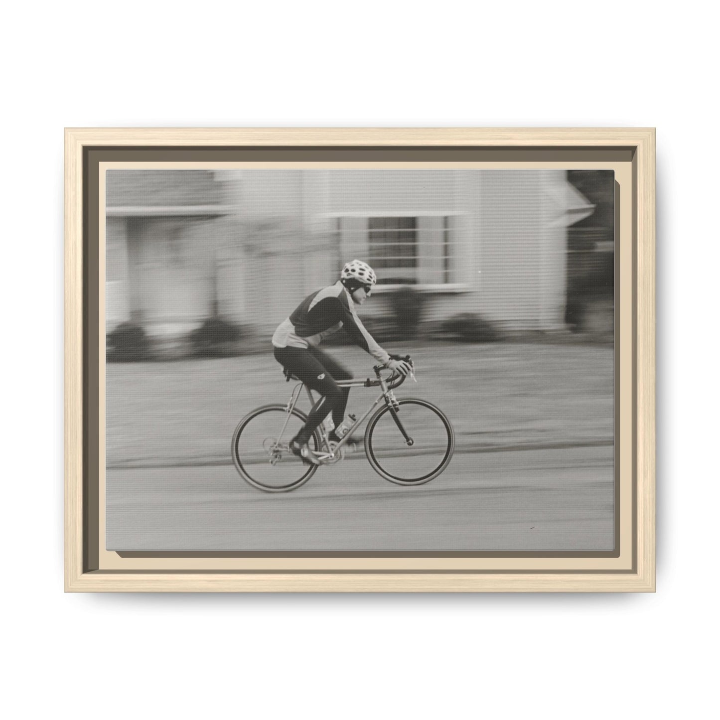 Framed Matte Canvas Print - Vintage Cyclist Black & White Wall Art