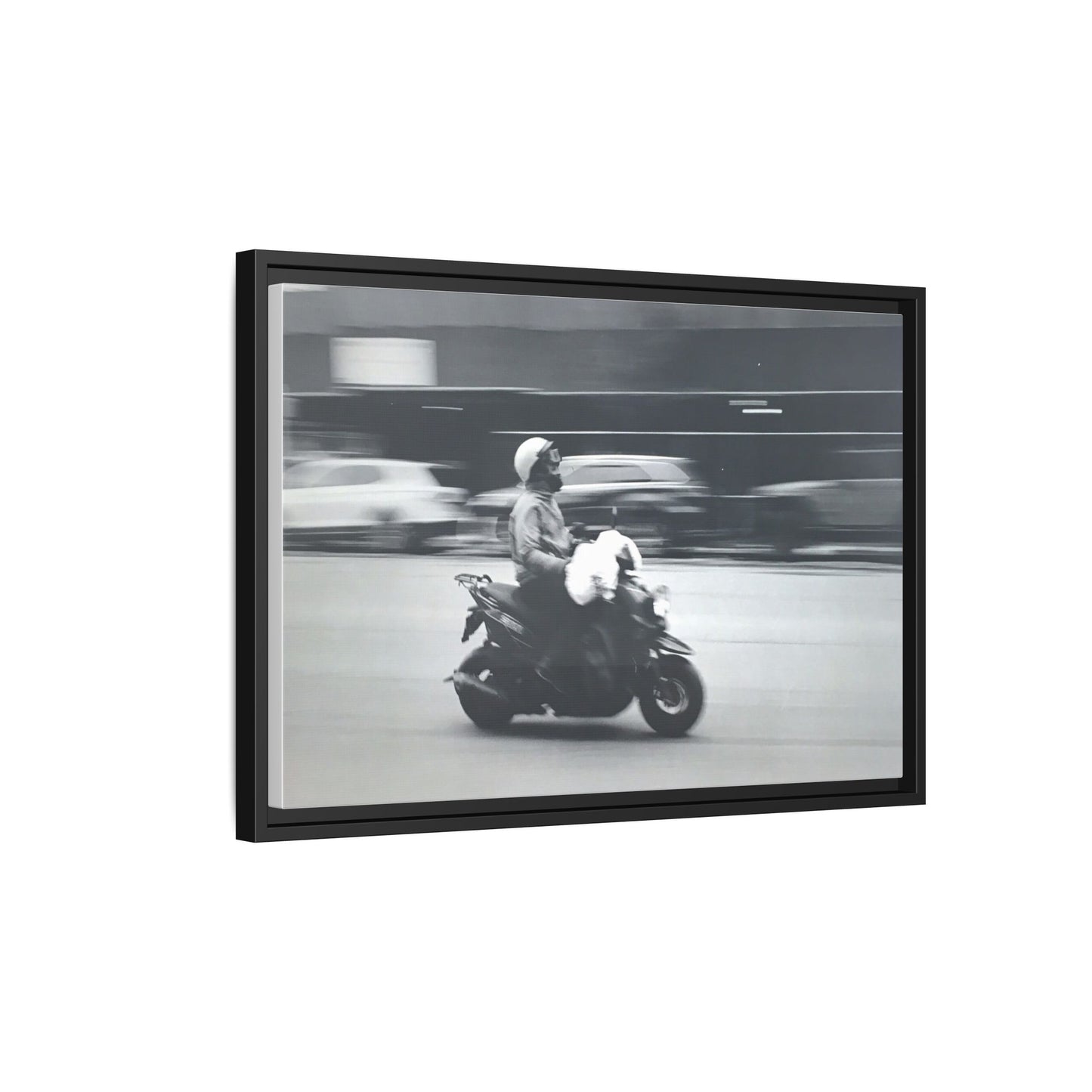 Framed Matte Canvas Print — Vintage Motion Scooter Street Photography