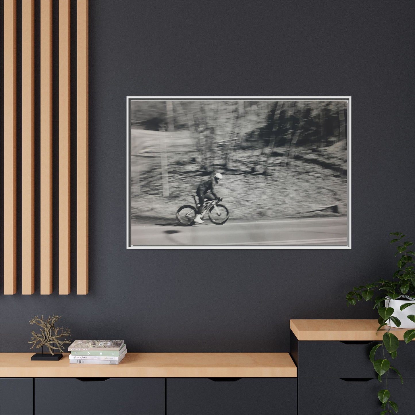 Framed Matte Canvas Print — Vintage Cyclist Black & White Photo