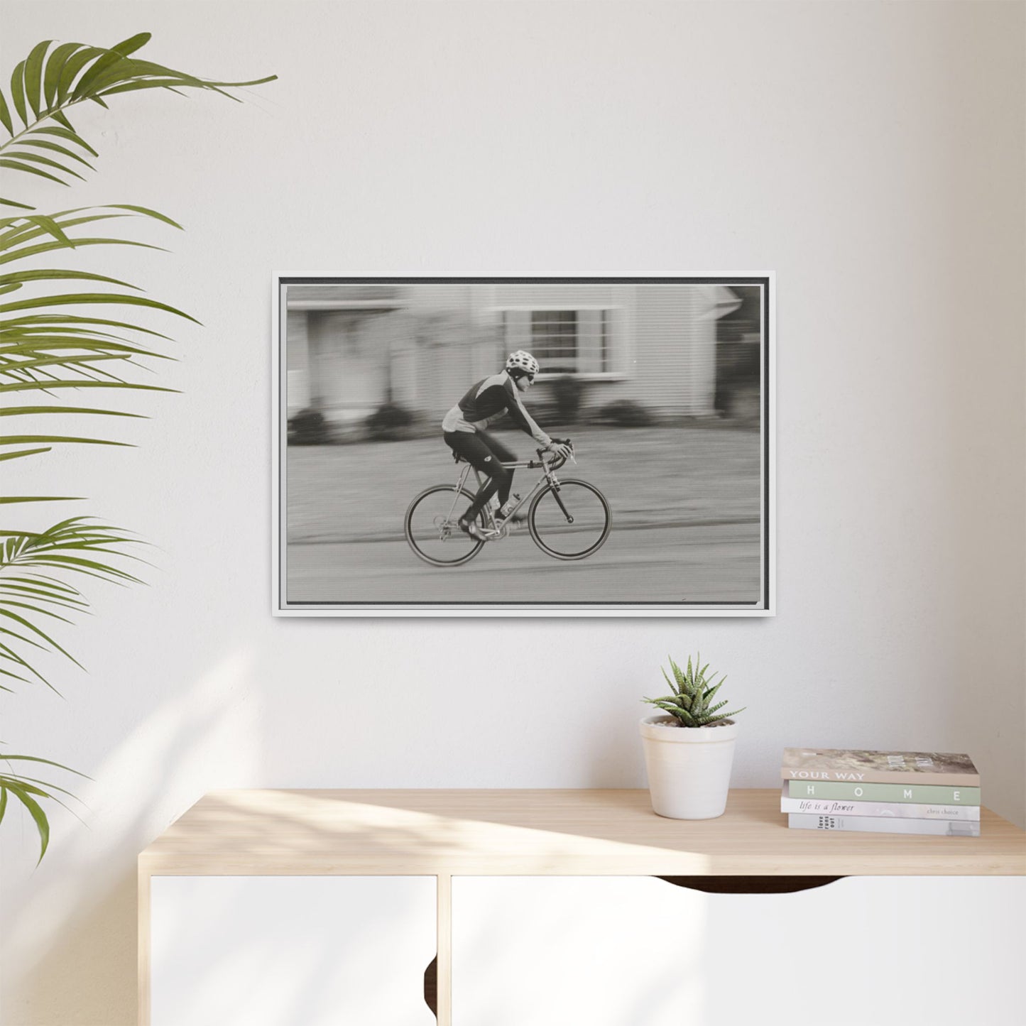 Framed Matte Canvas Print - Vintage Cyclist Black & White Wall Art