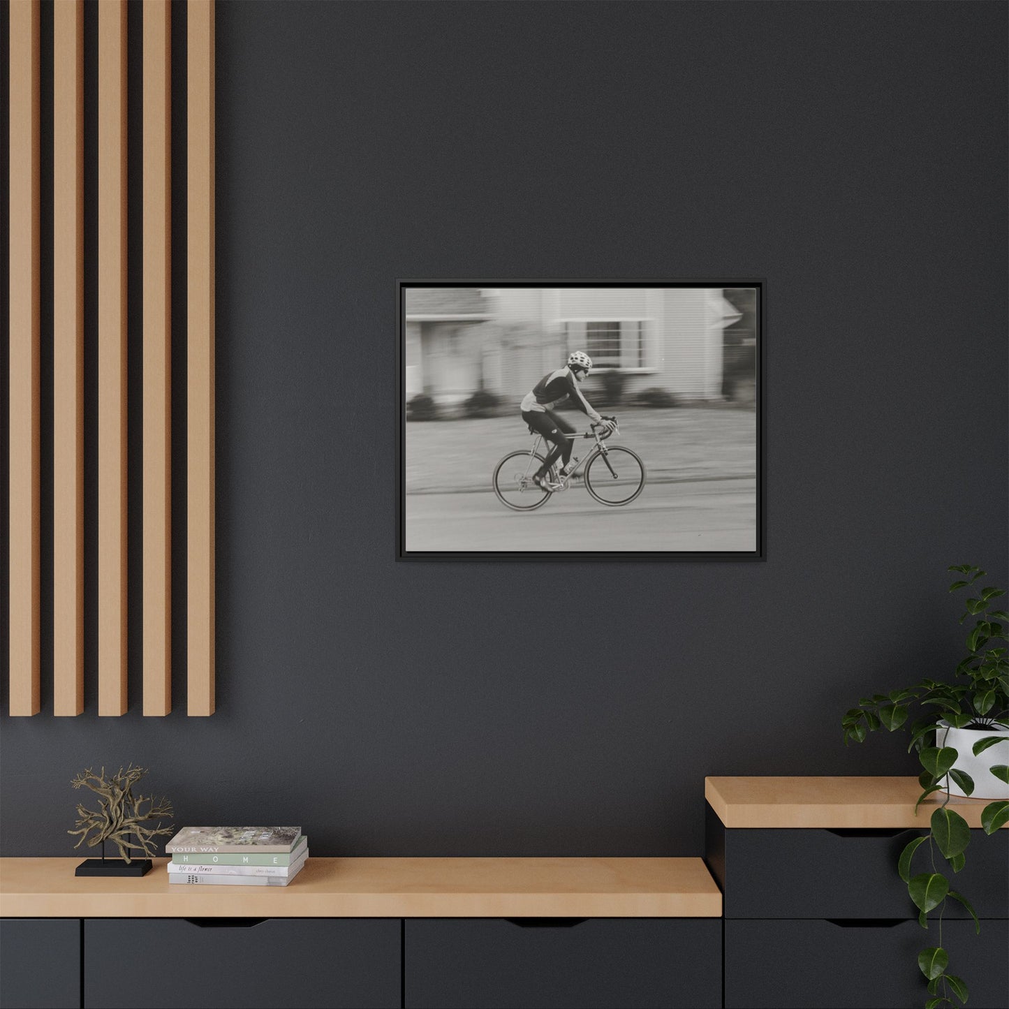 Framed Matte Canvas Print - Vintage Cyclist Black & White Wall Art