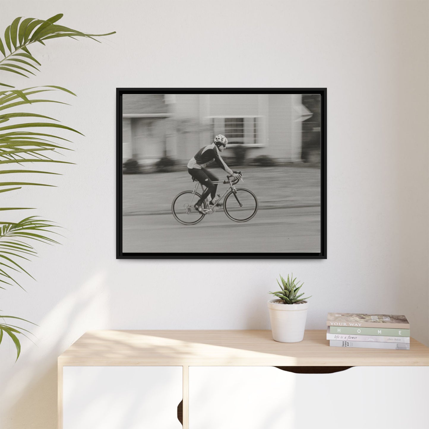 Framed Matte Canvas Print - Vintage Cyclist Black & White Wall Art